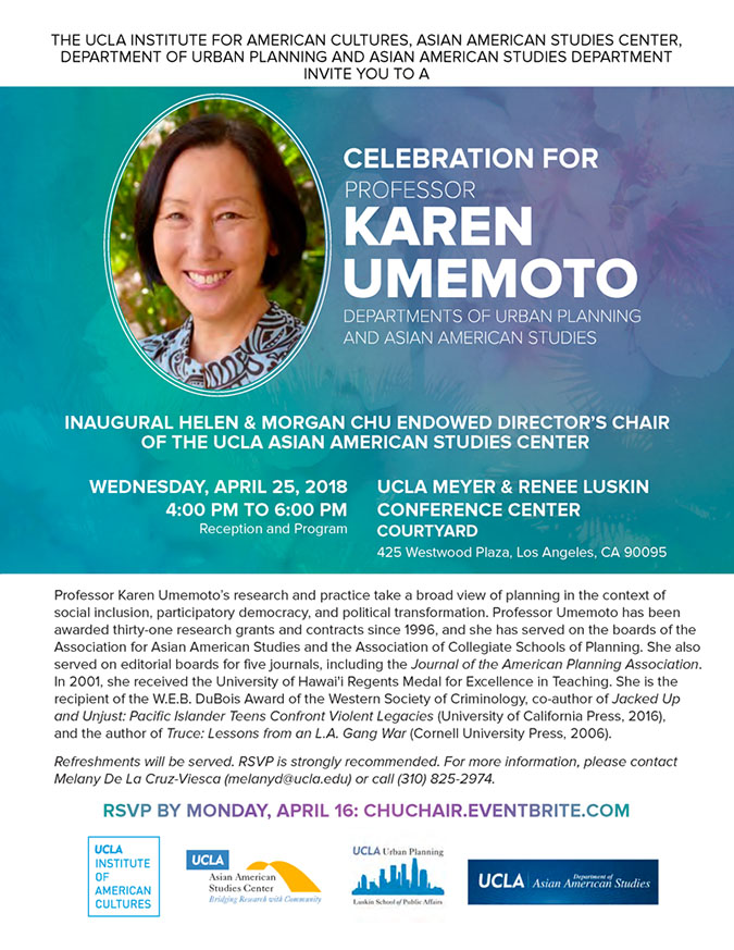Helen & Morgan Chu Endowed Director's Chair Reception: Professor Karen Umemoto on Wednesday, April 25th