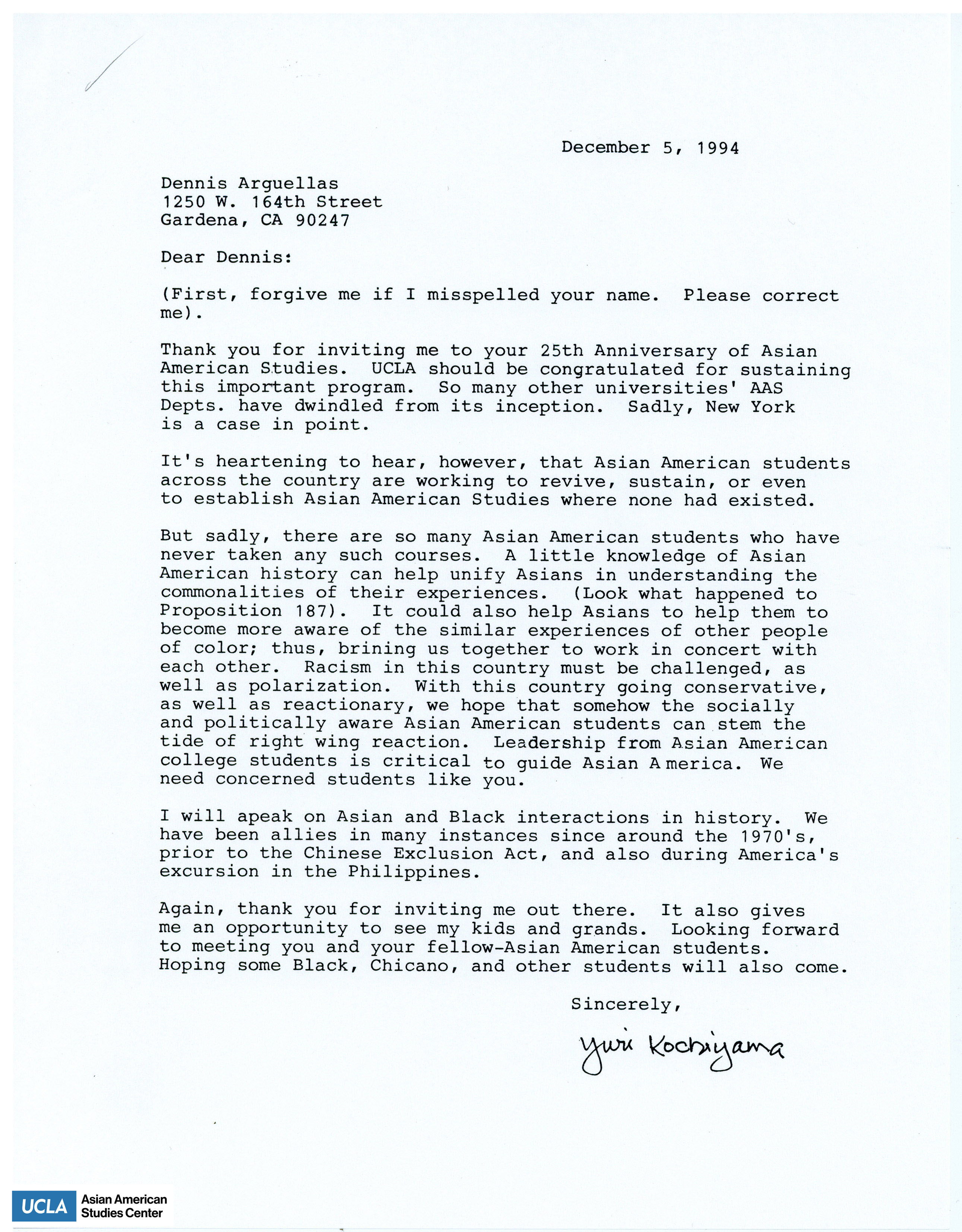 Letter of thanks for the invitation of the 25th anniversary of Asian American Studies at UCLA.