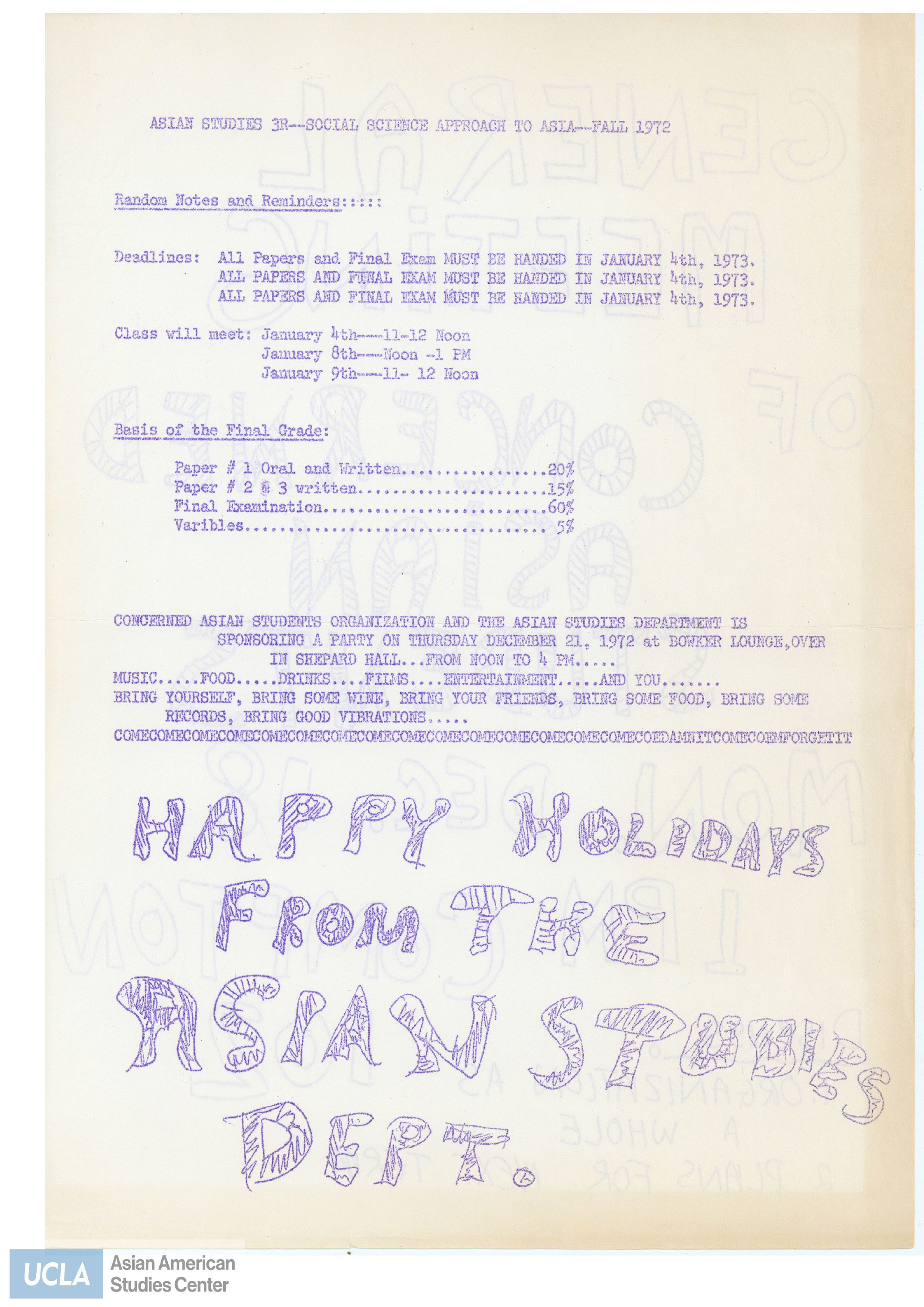 Reminders, notes, and deadlines from the Asian Studies Department.