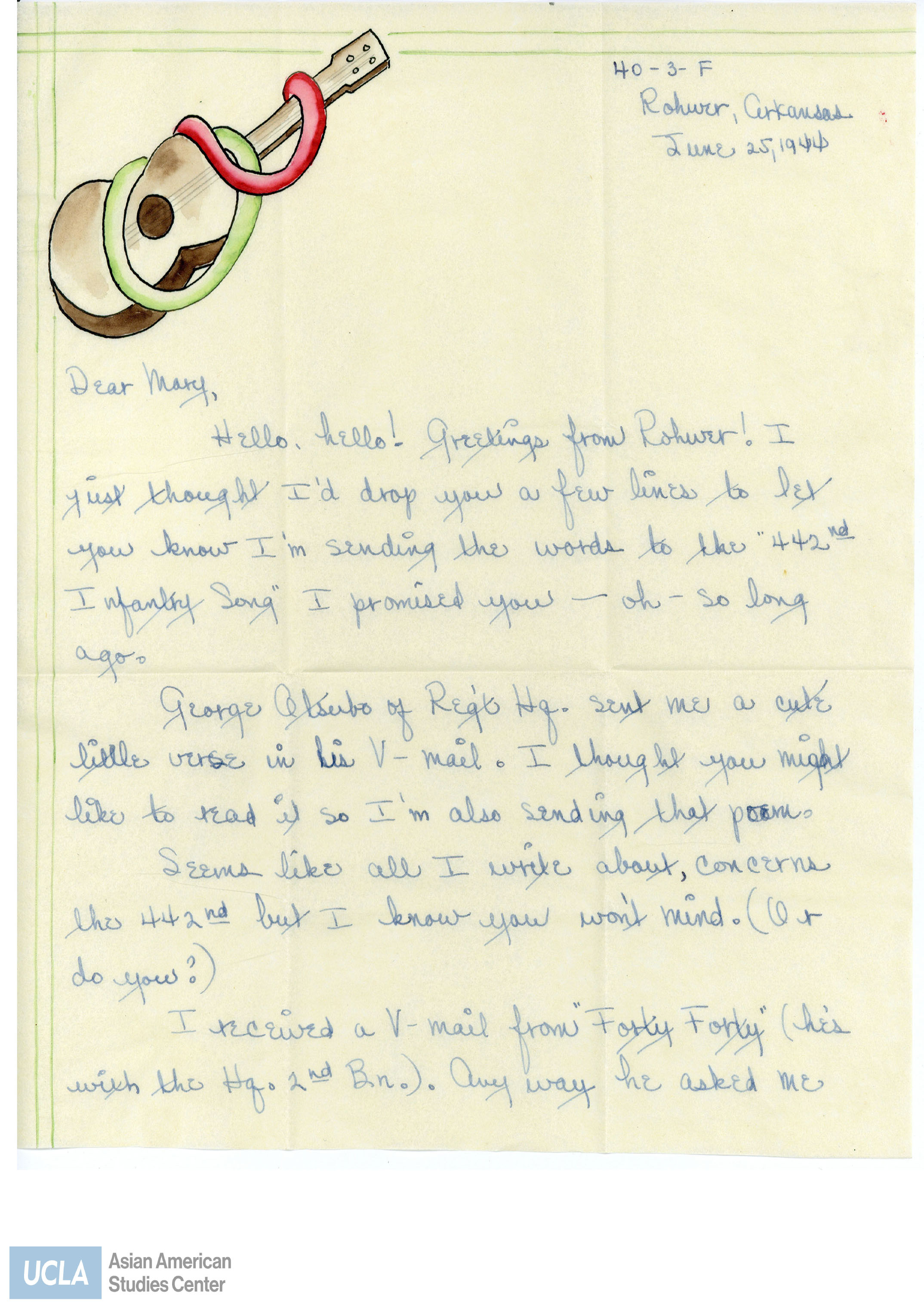 Letter regarding Kay writing from Rohwer Relocation Center.
