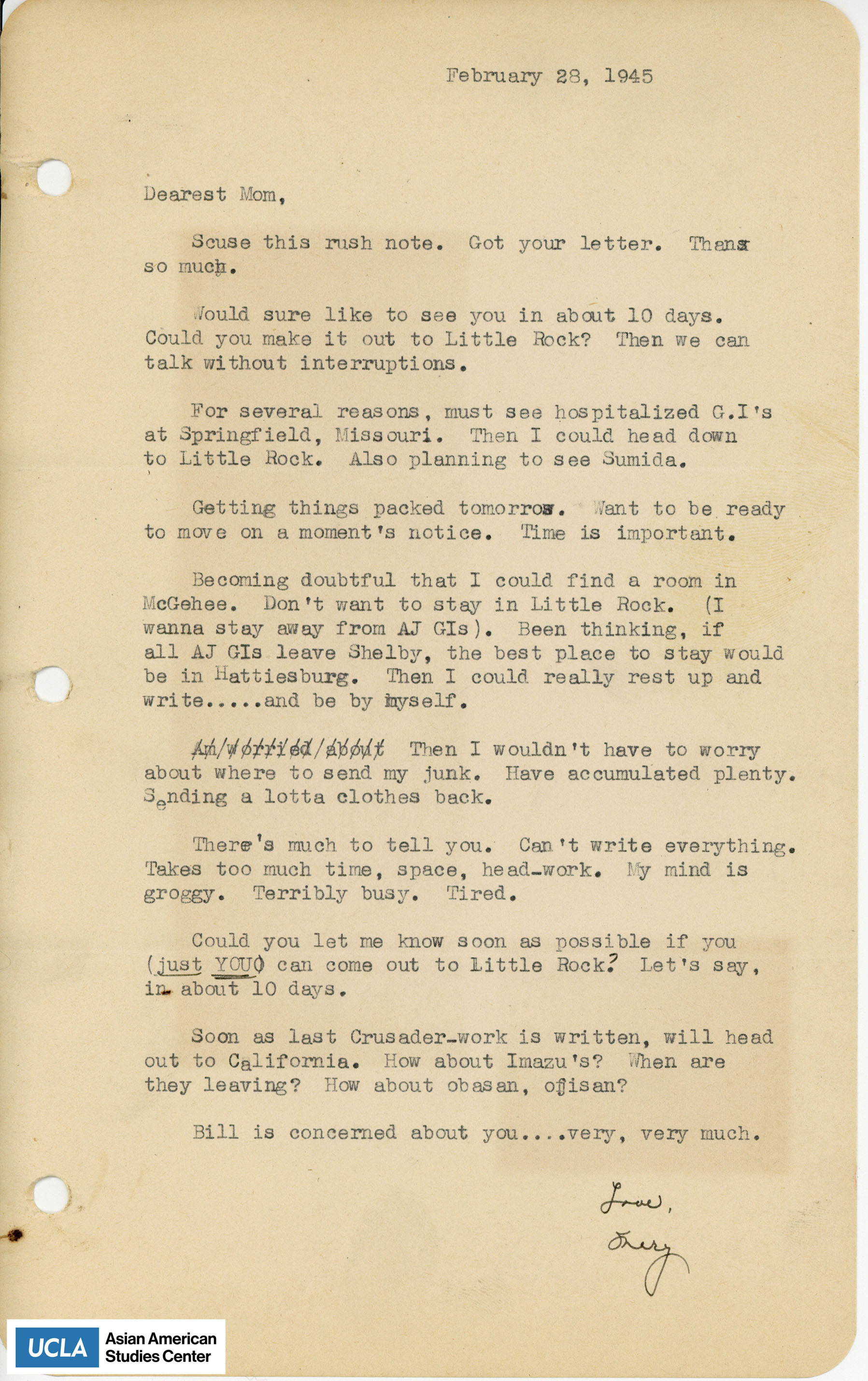 Letter regarding plans to meet in Little Rock, Arkansa. Yuri writes about plans on moving at any moment's notice to Hattiesburg and to California.