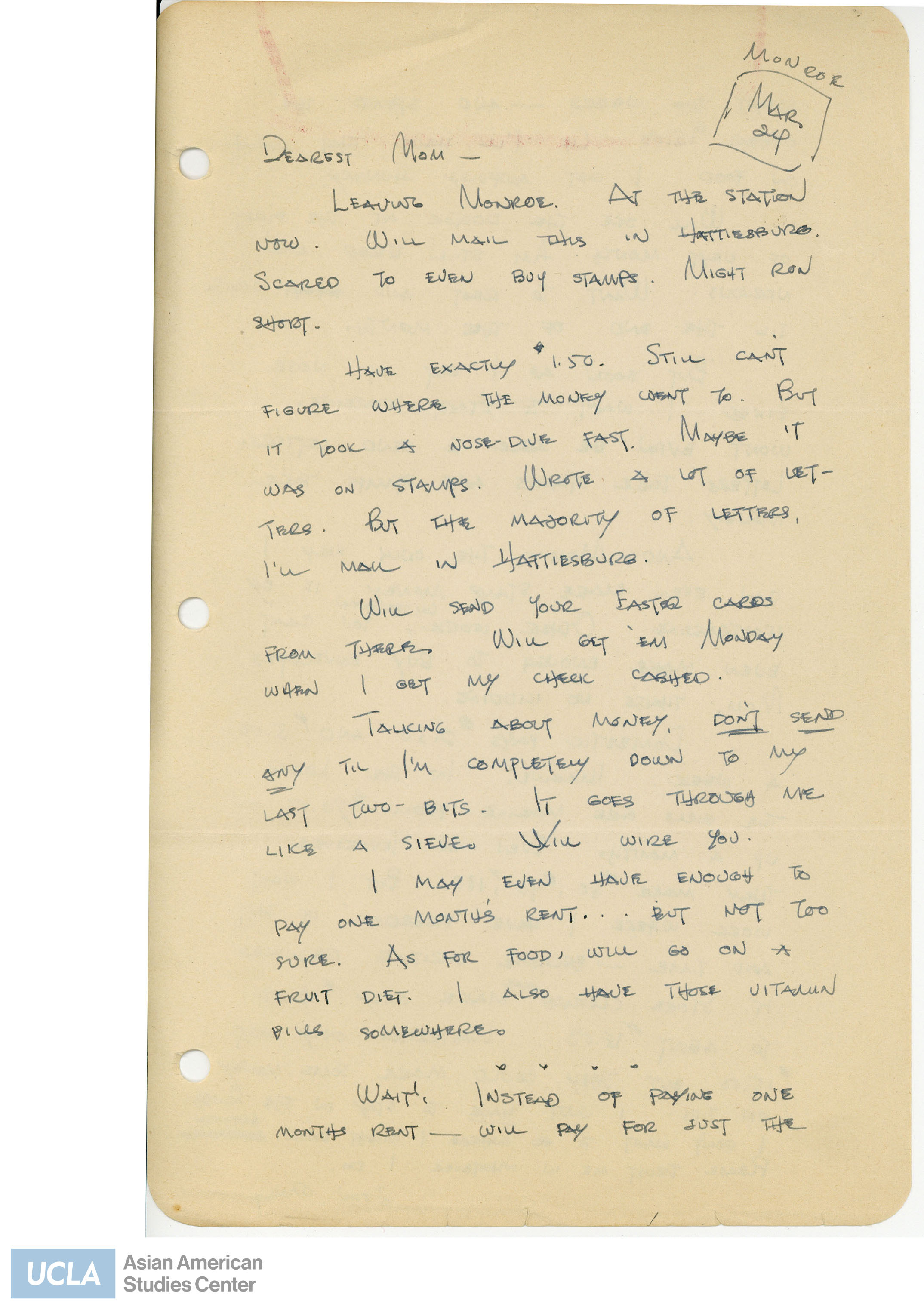 Yuri writes to her mother while leaving Monroe, Mississippi. Yuri expresses her anxities of money and not making enough money through waitressing. She continues to write about her will to be more independent.