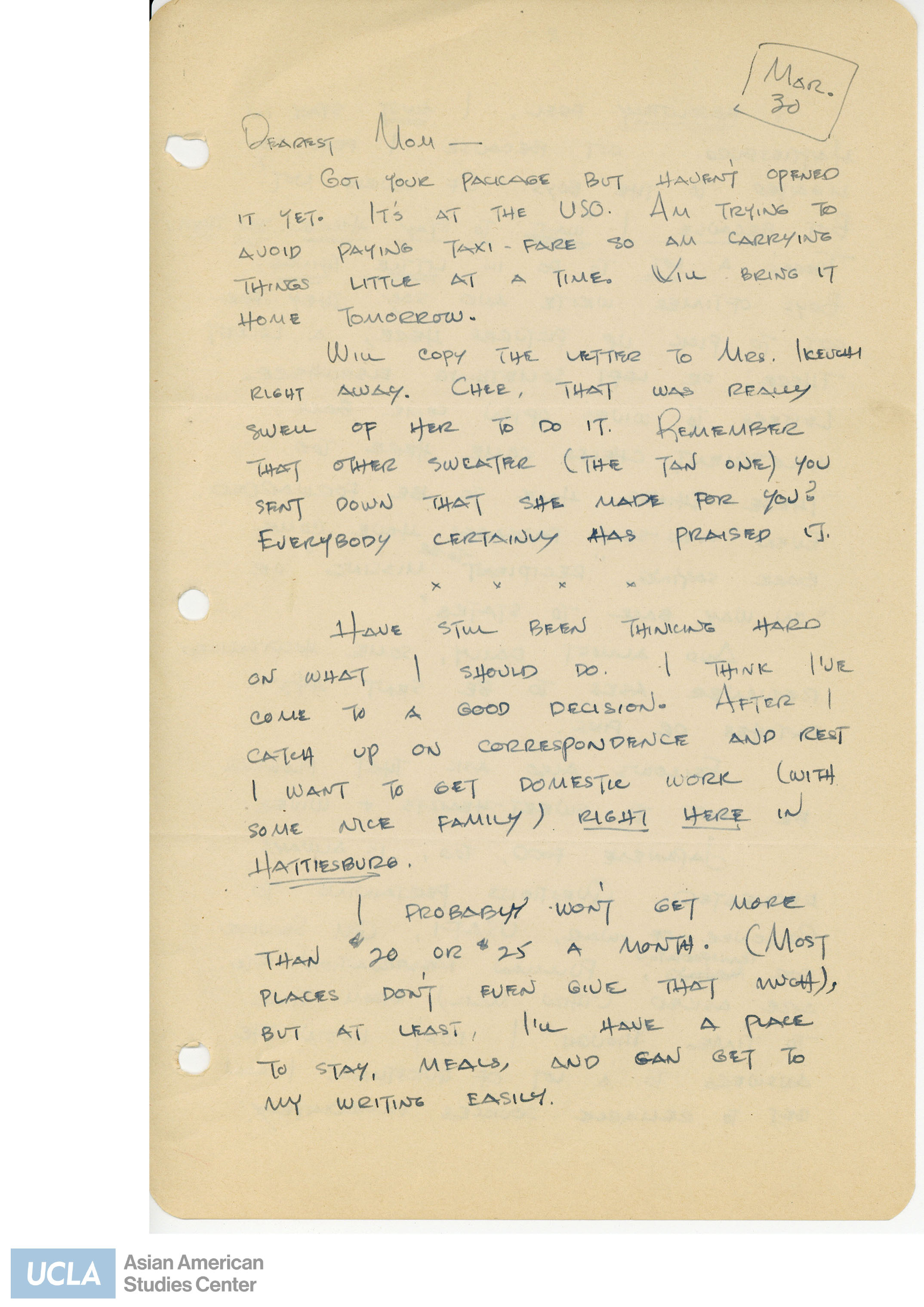 Yuri writes to her mother regarding getting domestic work in Hattiesburg so she can focus on helping Nisei soliders.
