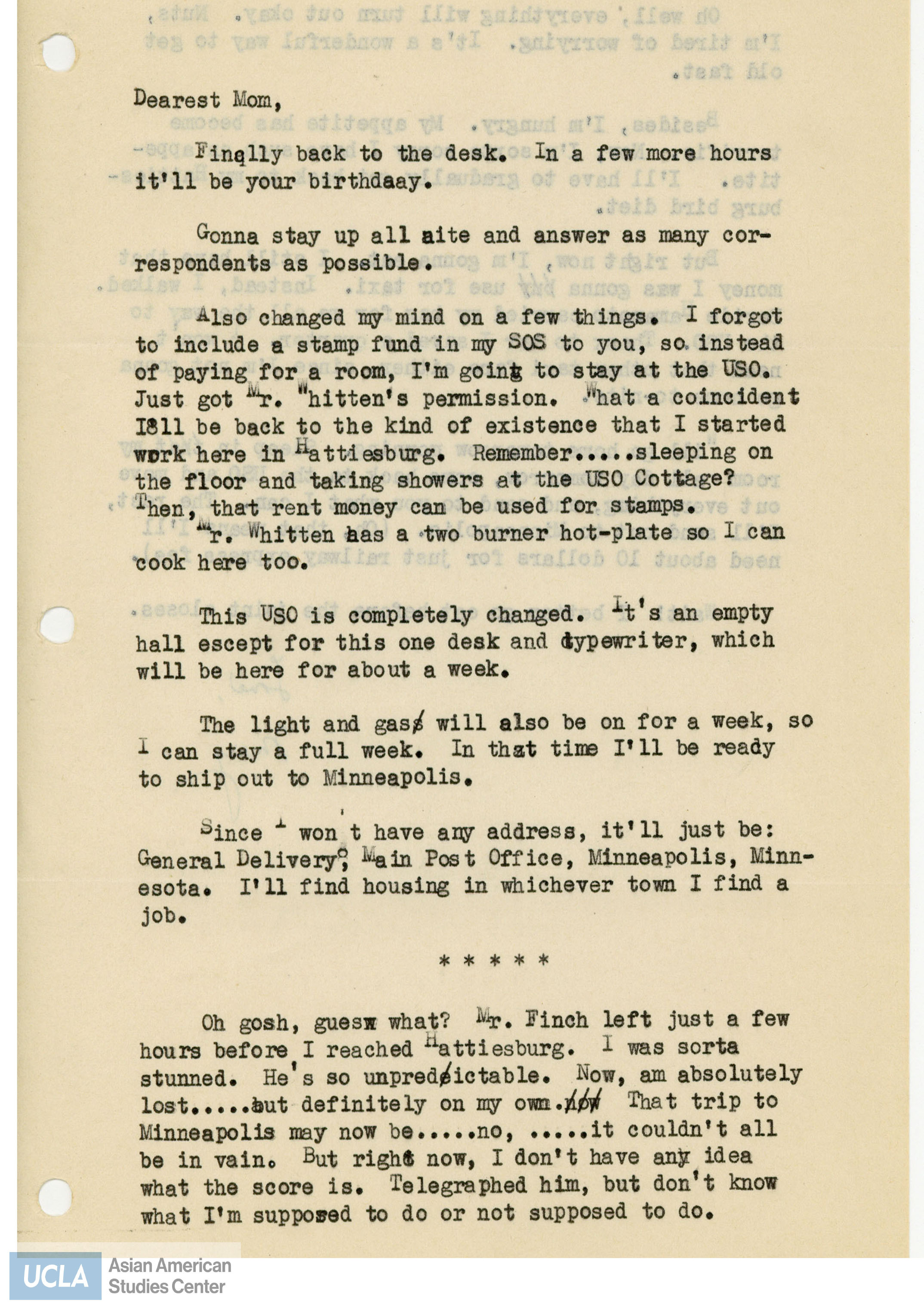 Yuri writes about temporarily staying at the Aloha USO in Hattiesburg while preparations are made for her stay at Camp Savage in Minneapolis.