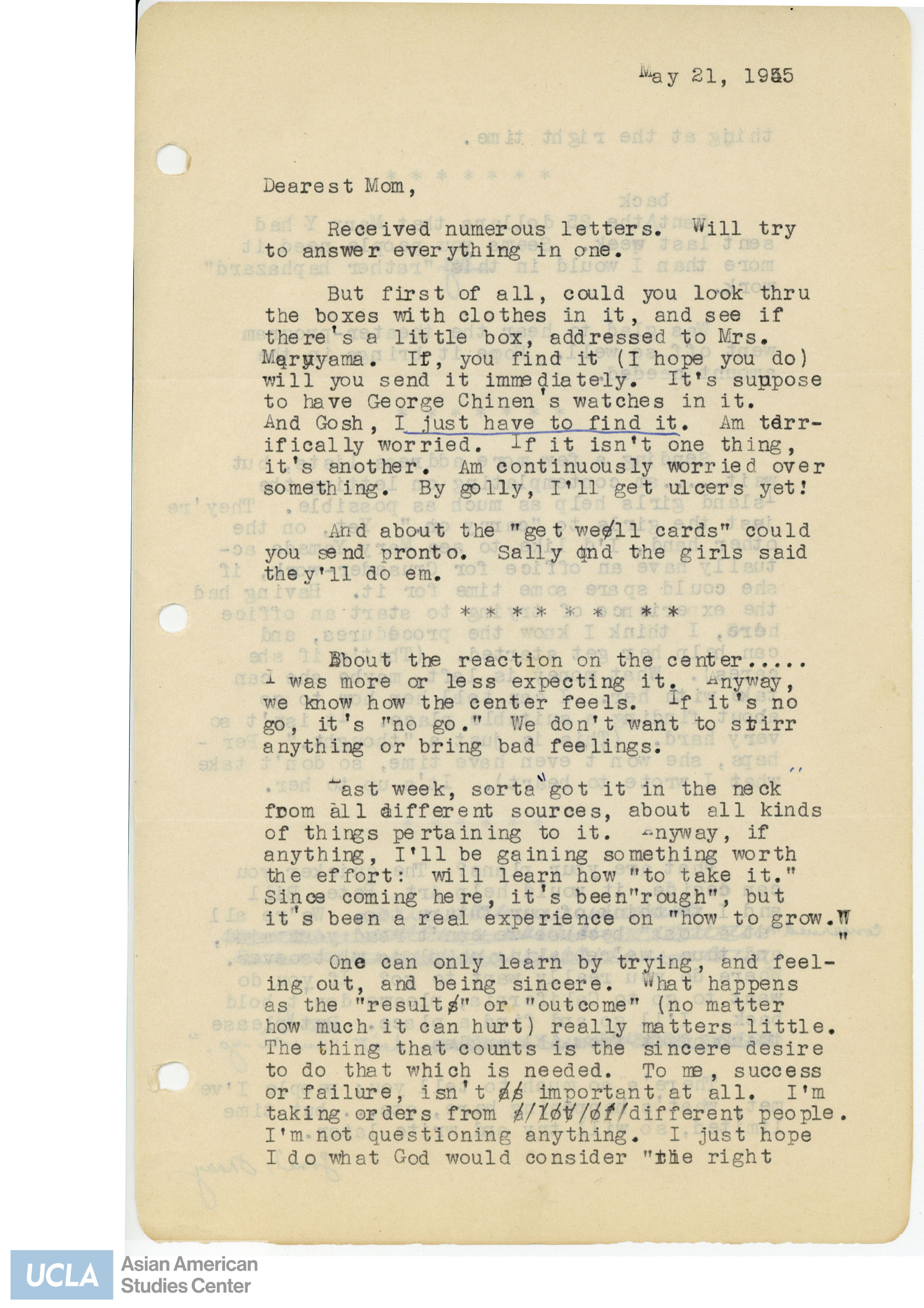 Yuri writes to her mother about her work at Camp Savange. She continues to ask her mother what her plans are regarding leaving Camp Rohwer.