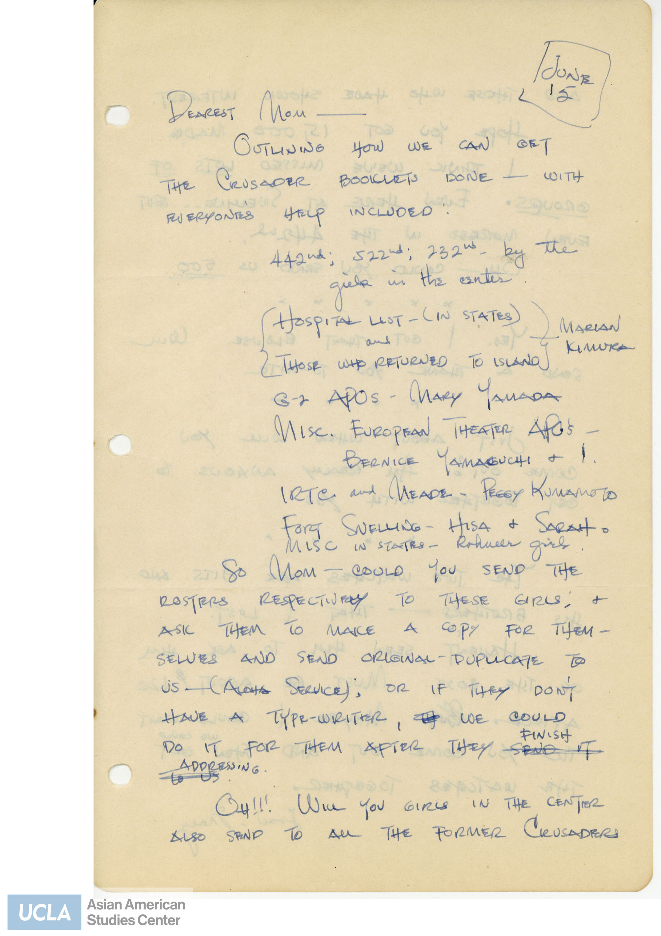 Letter regarding an outline of the Crusaders booklet. Yuri asks her mother to send the rosters.