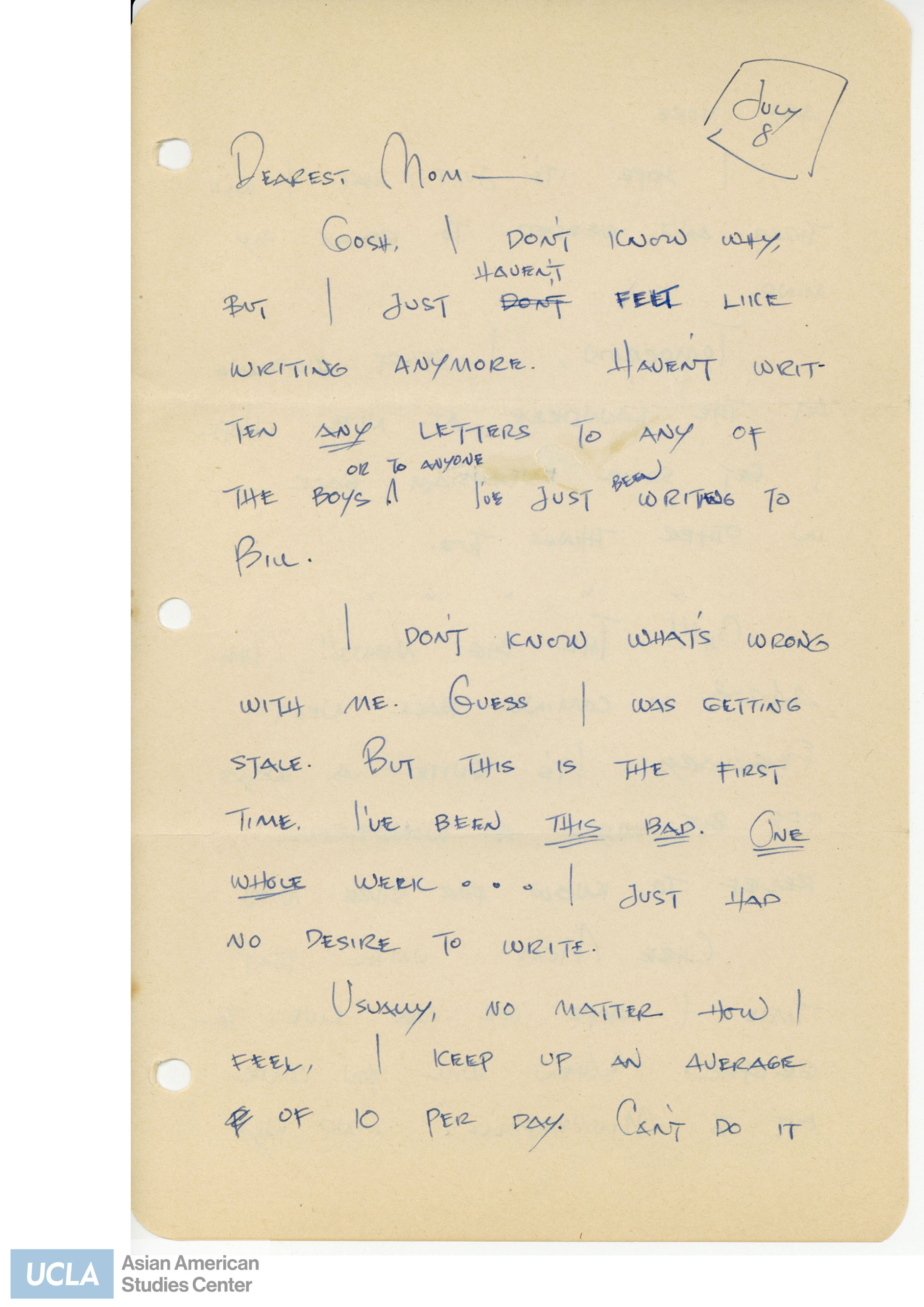 Letter regarding Yuri's recent lack of enthusiasm for writing letters. She continues to write that starts her laundry work at night and the 442nd Regimental Combat Team arrival for the following year.