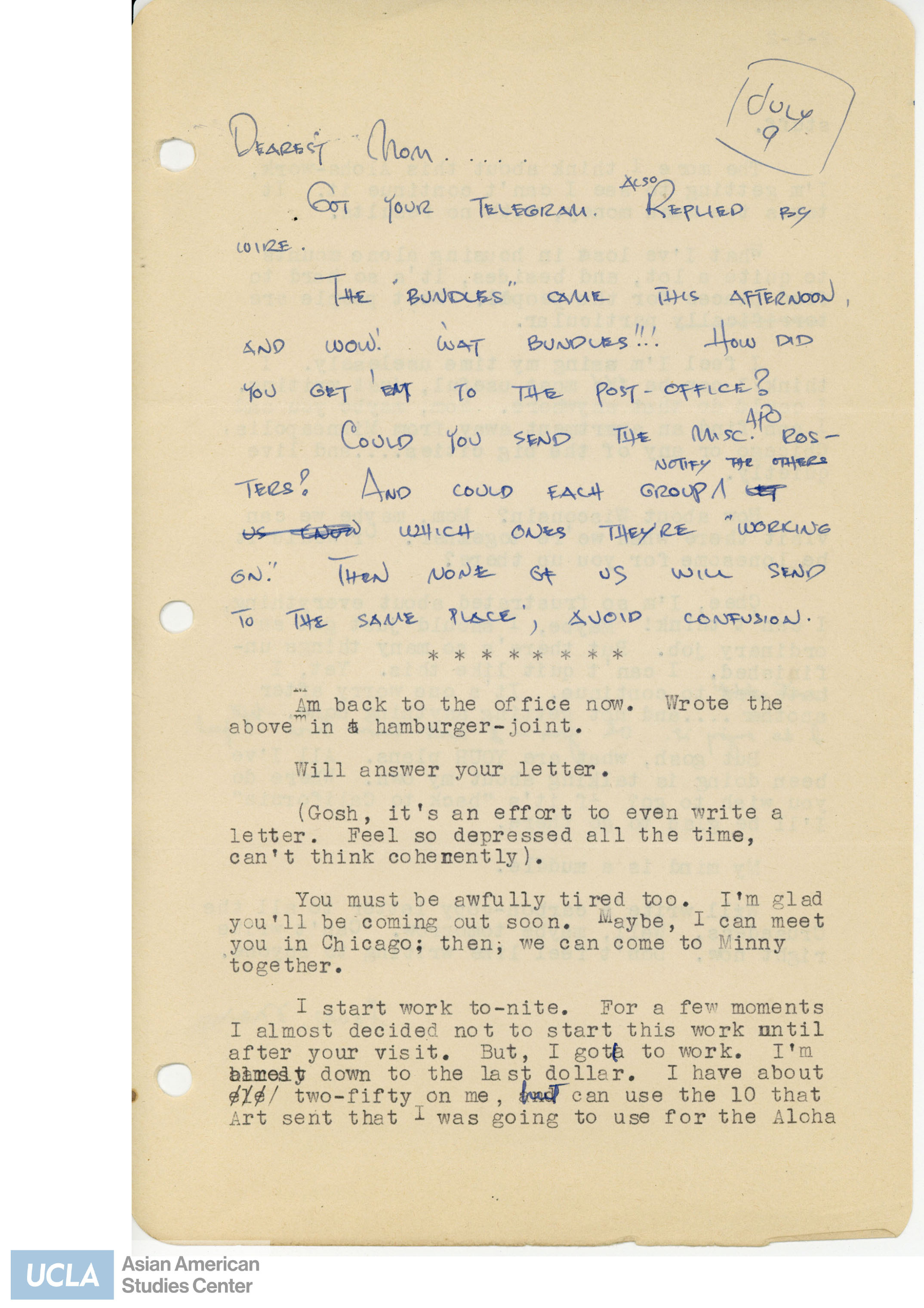 Yuri writes abour receiving her mother's telegram. She confesses about being tired, but deciding to work.