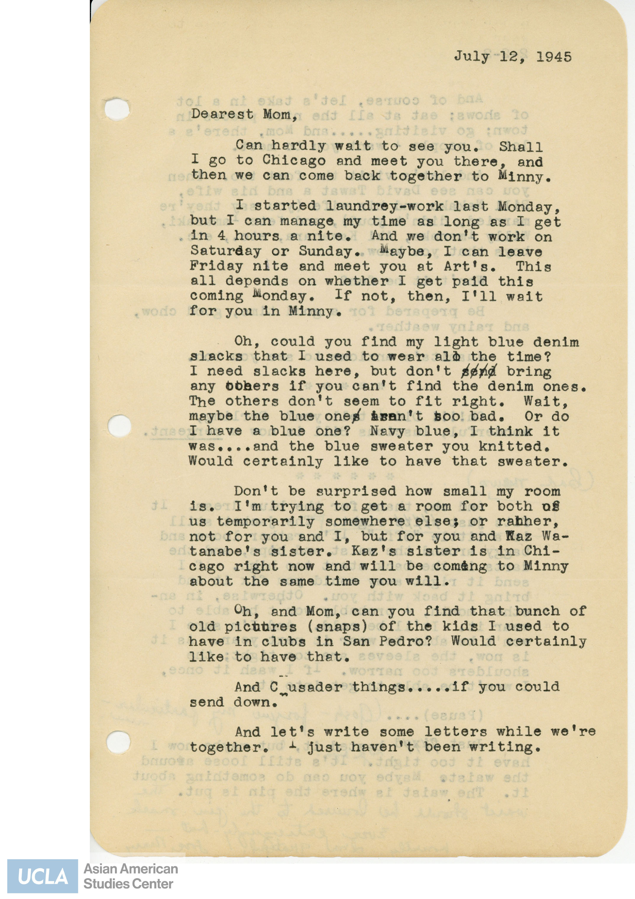 Yuri writes to her mother about possibly meeting in Chicago. She continues to write about starting laundry work and the possibility of livingin together in Minneapolis.
