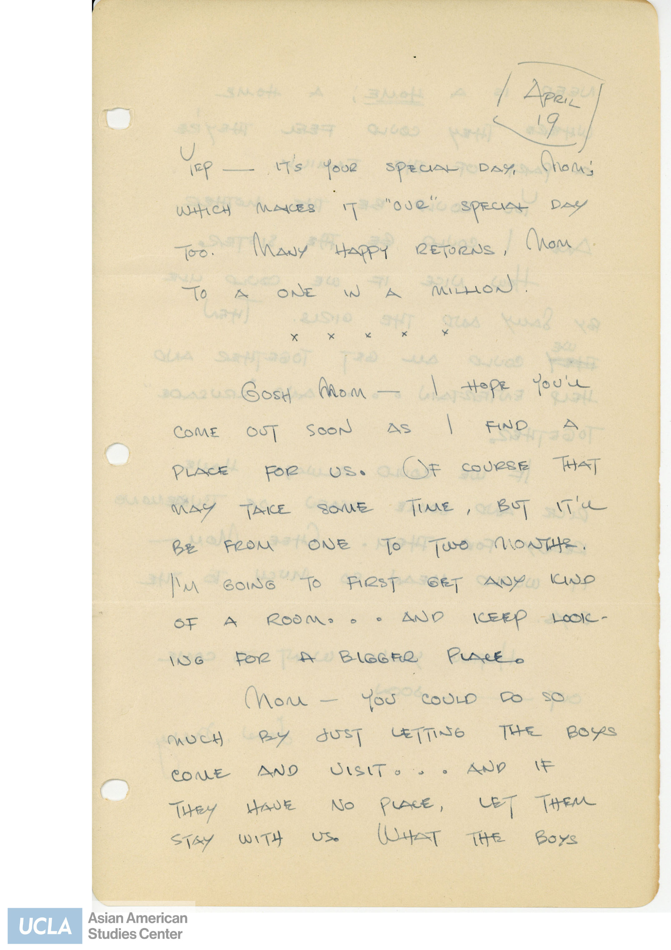 Yuri writes to her mother about plans on living together in Minneapolis. She continues to write that her mother should allow Nisei soldiers stay over if they need a place to stay. Yuri believes that would create a sense of family and community.