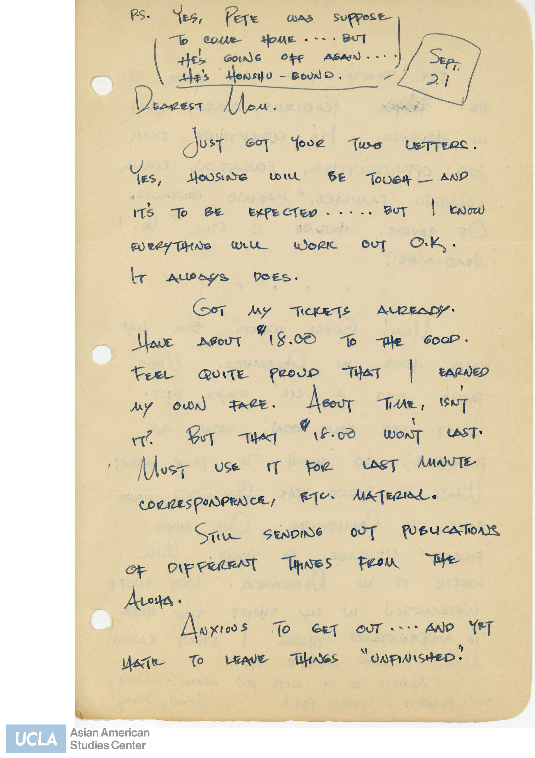 Letter regarding buying a ticket to get back home and the announcement of Bill's possible dischargement. Yuri continues of difficulties after leaving camp, such as, housing, employment, contacting, and so on.