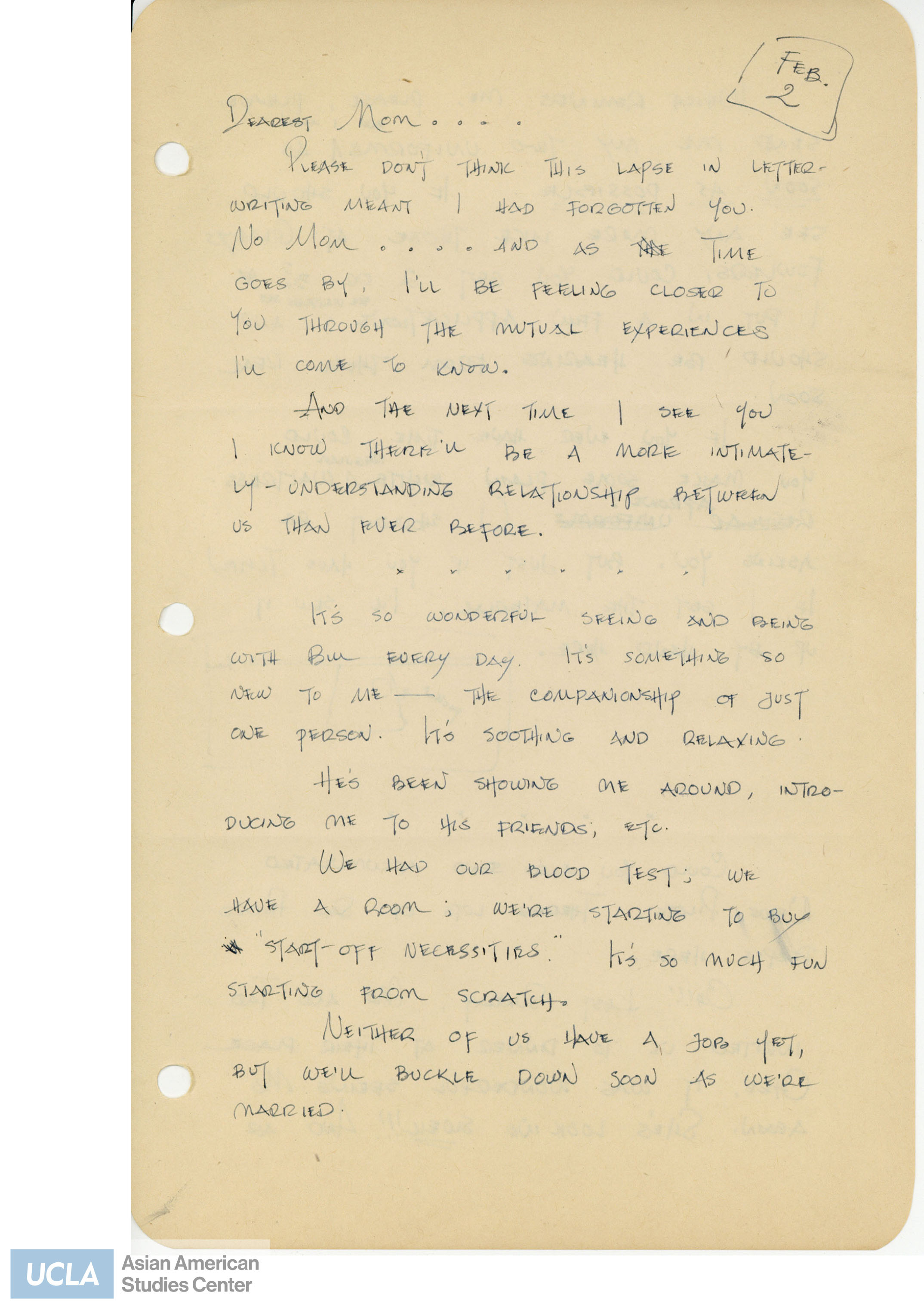On January 23, 1946, Yuri leaves to go to New York City to marry Bill. In this letter, Yuri describes her time and enjoyment with Bill. She continues to ask her mother for recipes.
