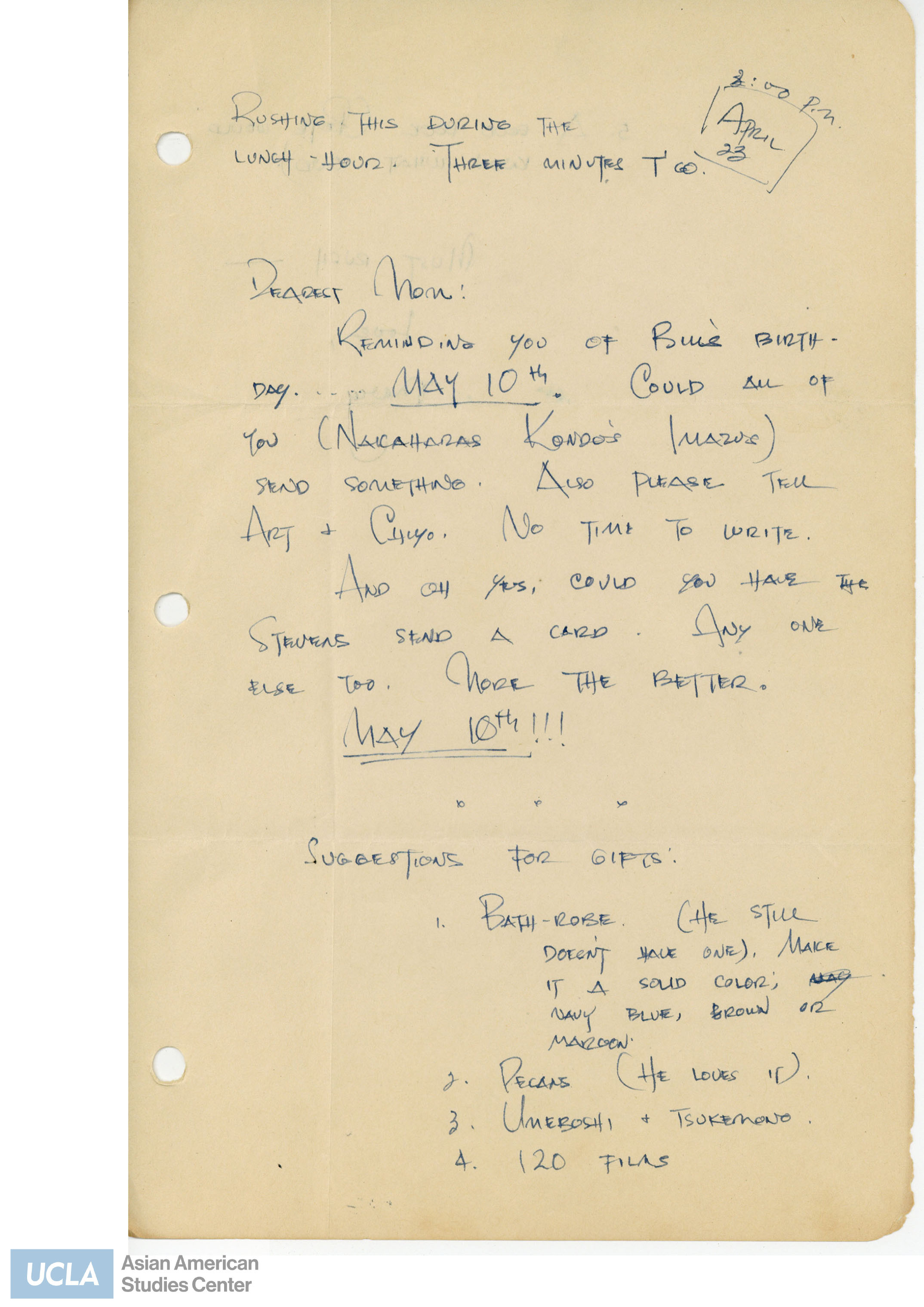 Letter regarding a reminder of Bill's birthday and possible birthday gifts to give.