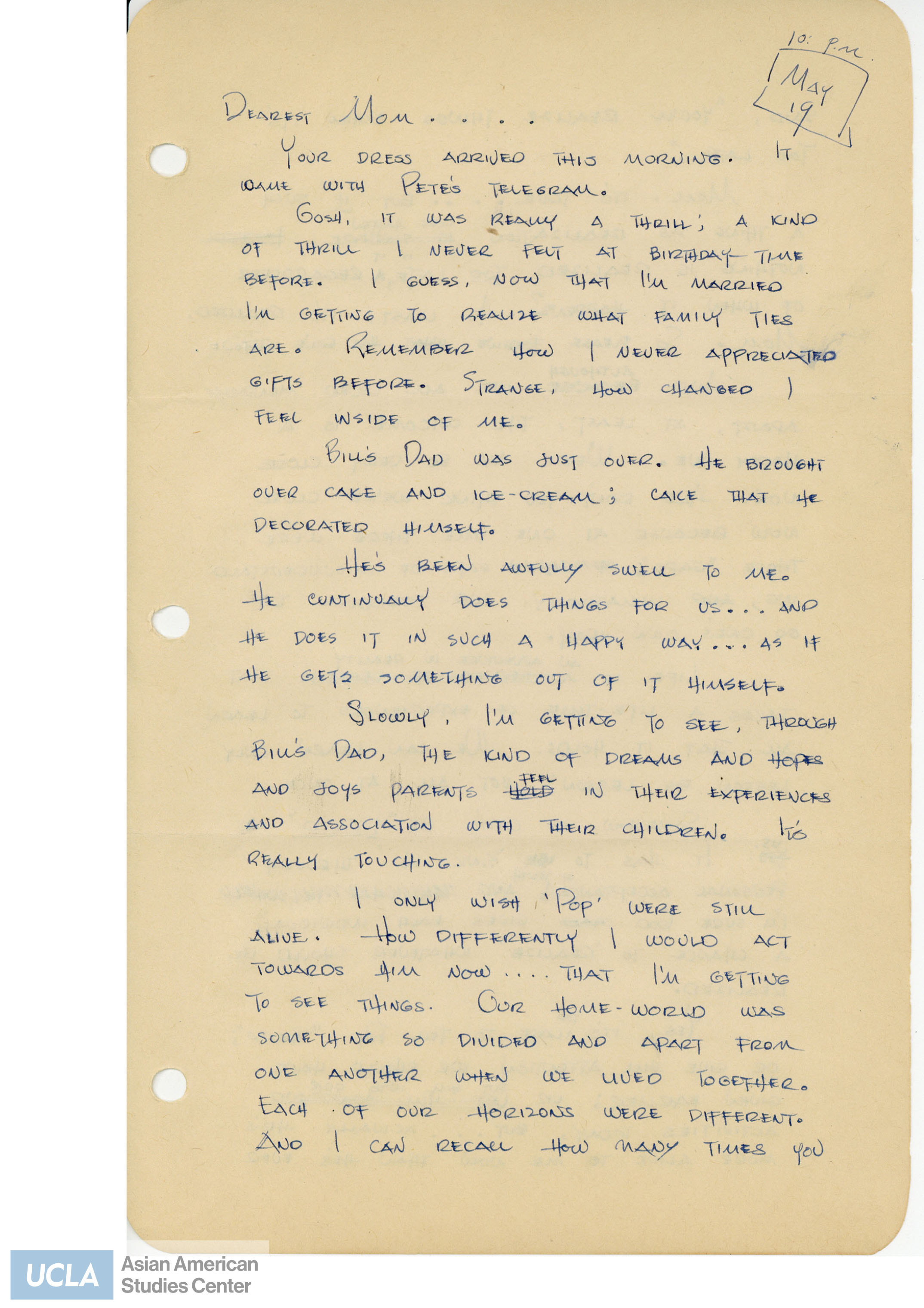 Yuri writes to her mother about Bill's father visiting and she reminisces about her own father.