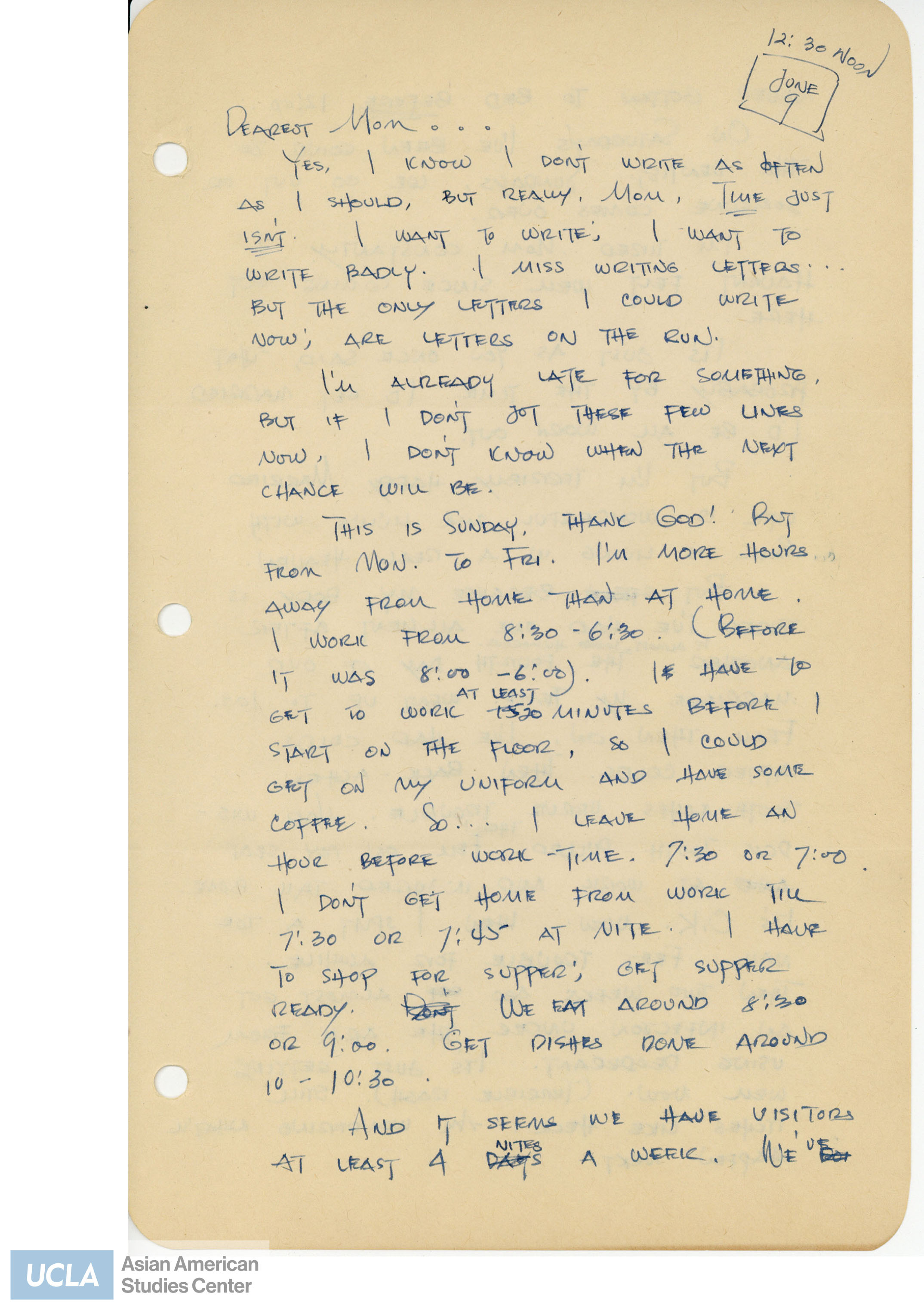 Letter regarding Yuri's work schedule and lack of time she has at home. She writes about being constantly tired and not feeling well since moving to New York City.