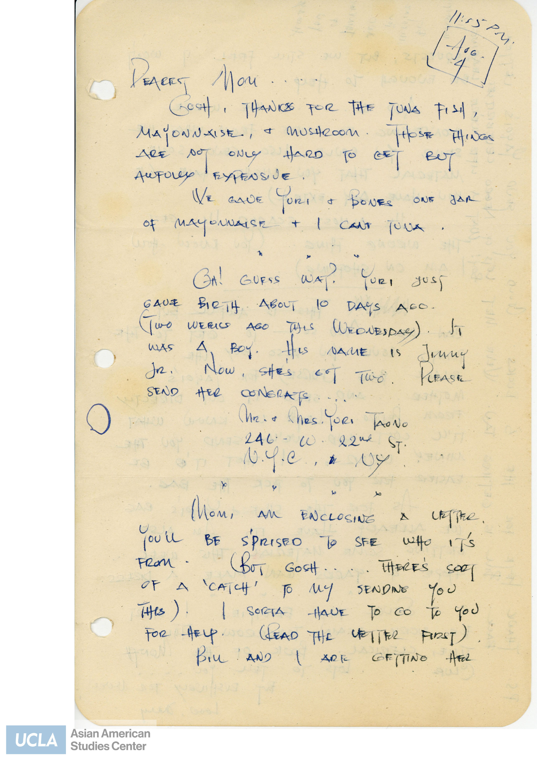 Letter regarding the Yuri Taono's birth of a boy names Jimmy Jr.