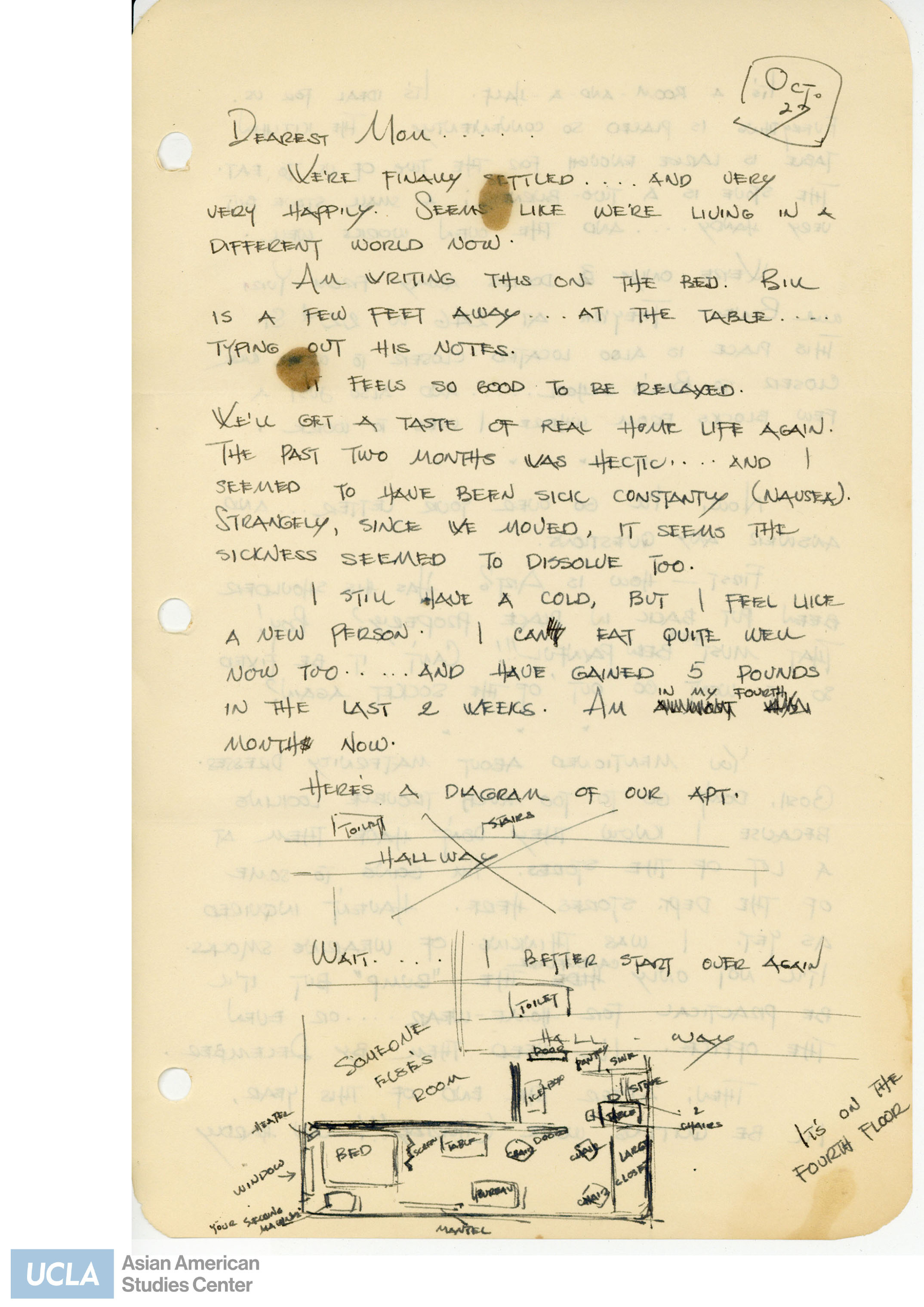 Letter writes to her mother regarding moving to a new apartment and preparation for their first-born child. This will be Yuri's and Bill's first child, Willian Earl, or referred to as Billy. She continues to write about Art, Chiyo, Pete, and Bill's father.
