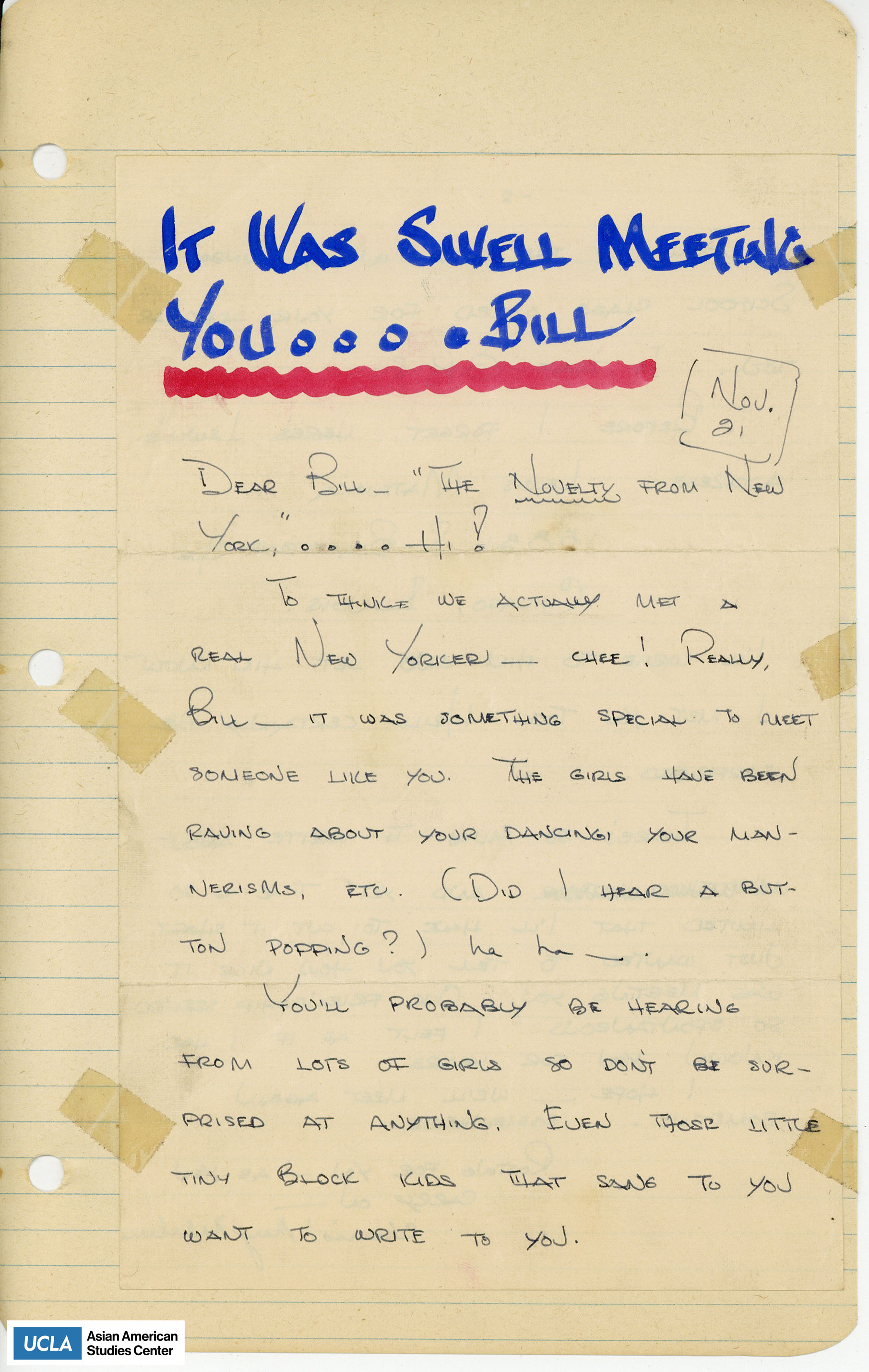 Yuri writes about meeting Bill, an actual New Yorker. She mentions that all the girls enjoyed dancing with him and the possibility of hearing from other girls.