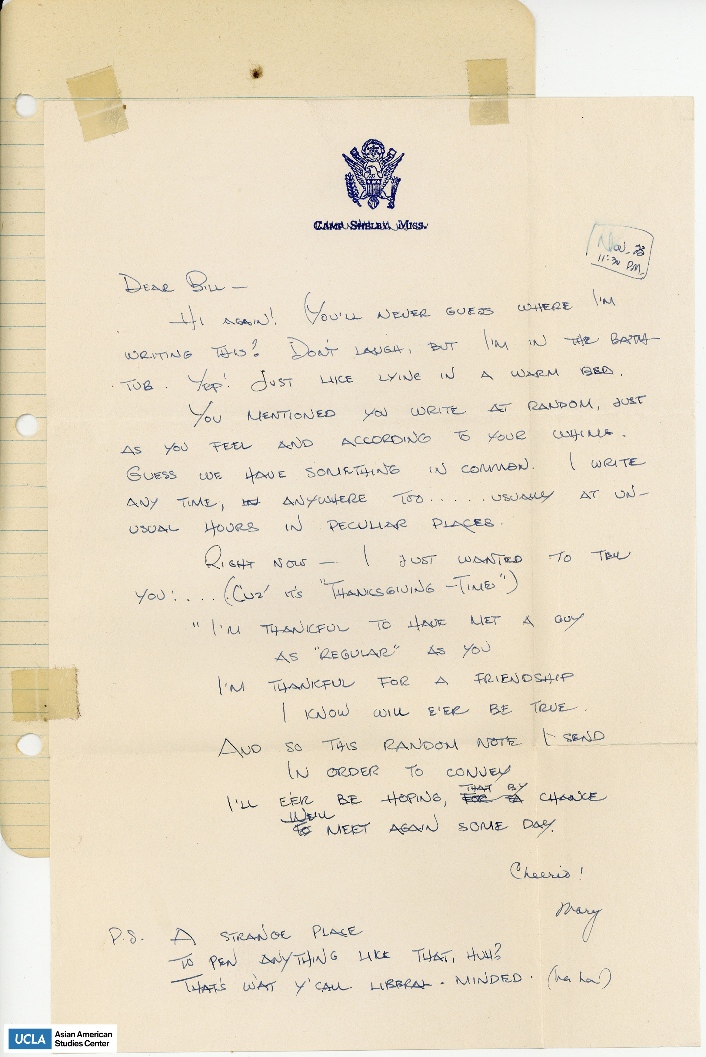 Yuri writes to Bill about writing letters in random places and during unusual hours.
