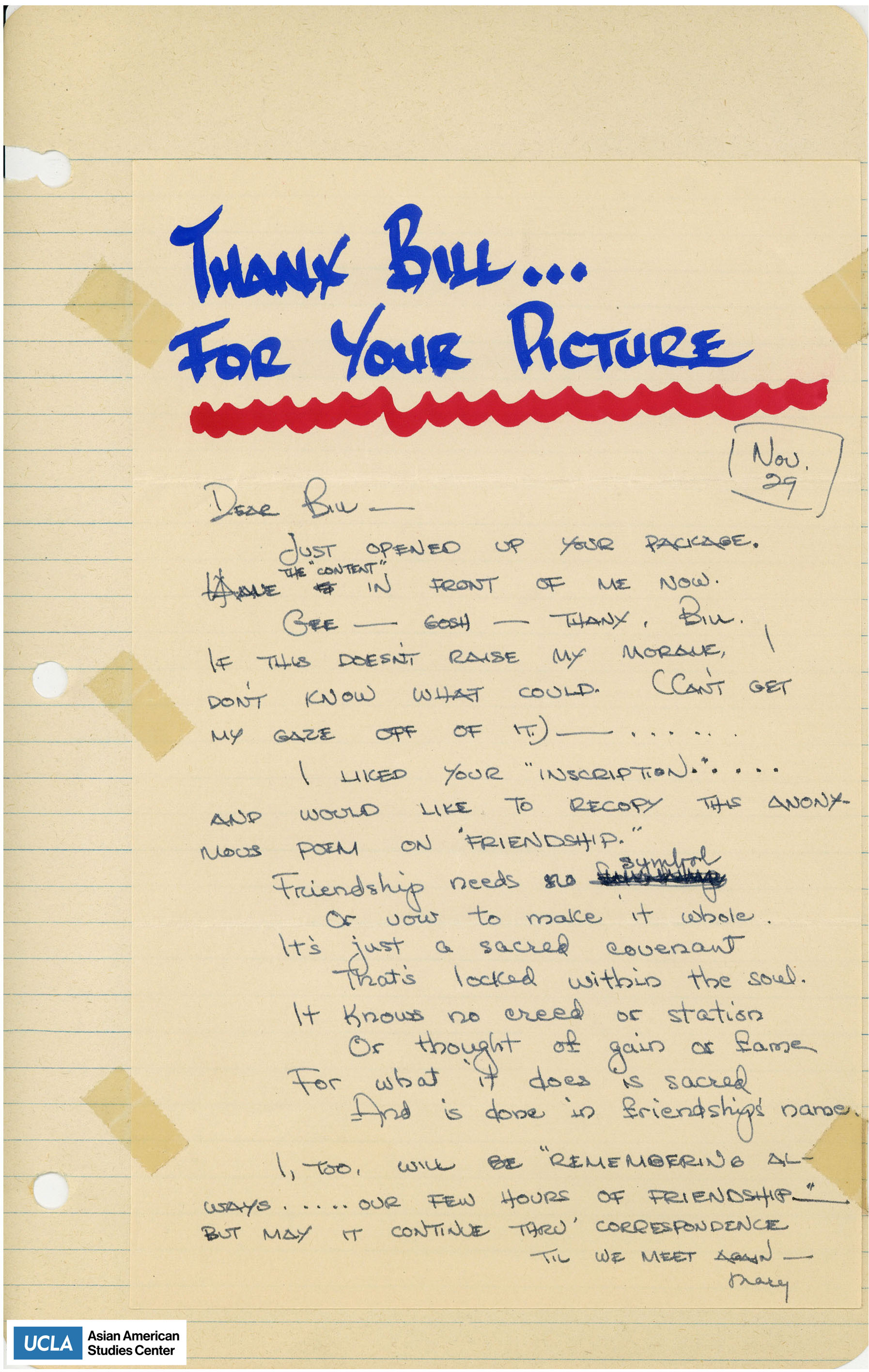 Yuri writes about opening the package Bill mailed and includes a poem about friendship.