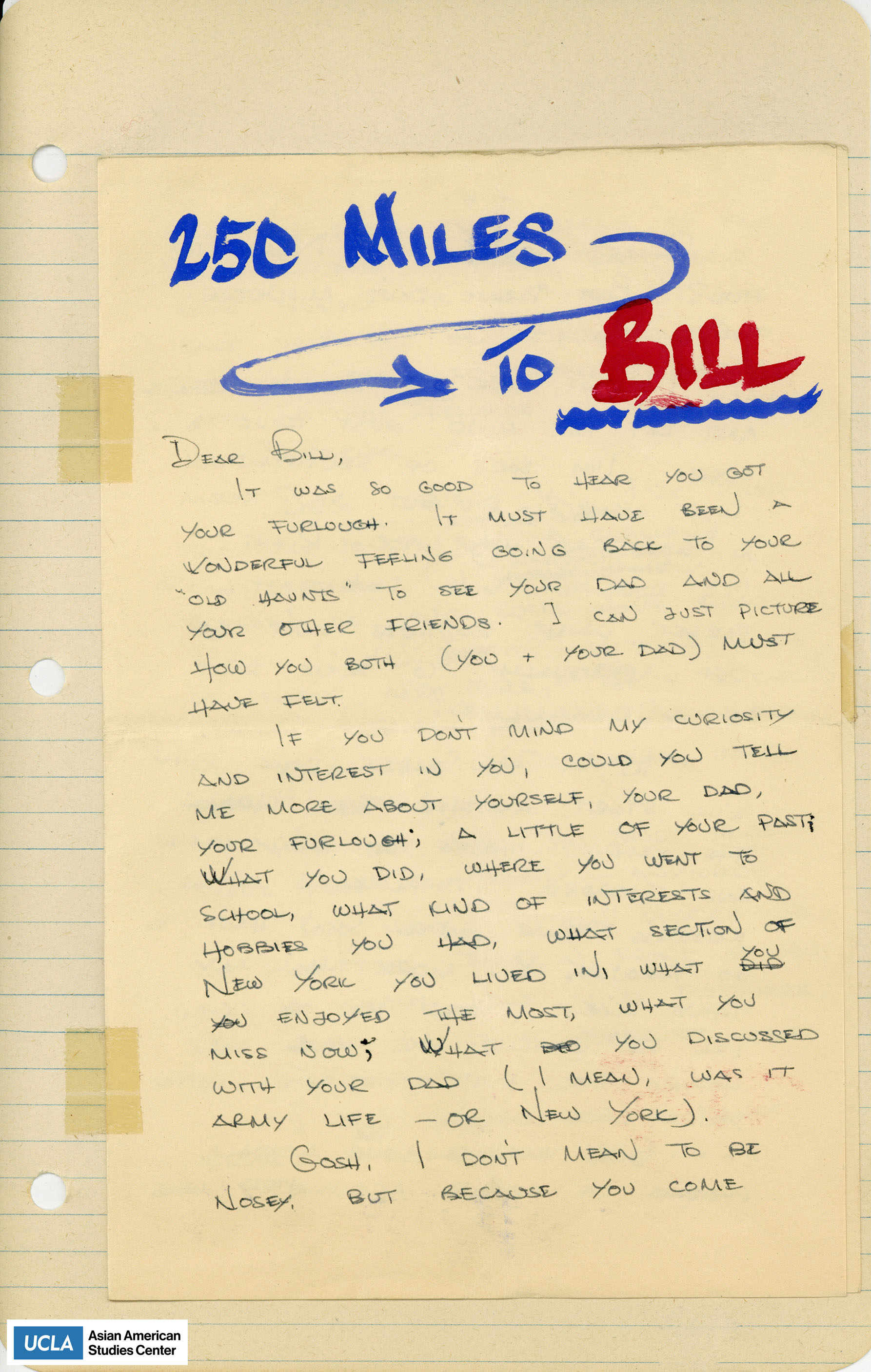 Yuri writes about Bill's furlough so he was able to see his family and friends. She continues to write about wanting to learn more about Bill and his background.