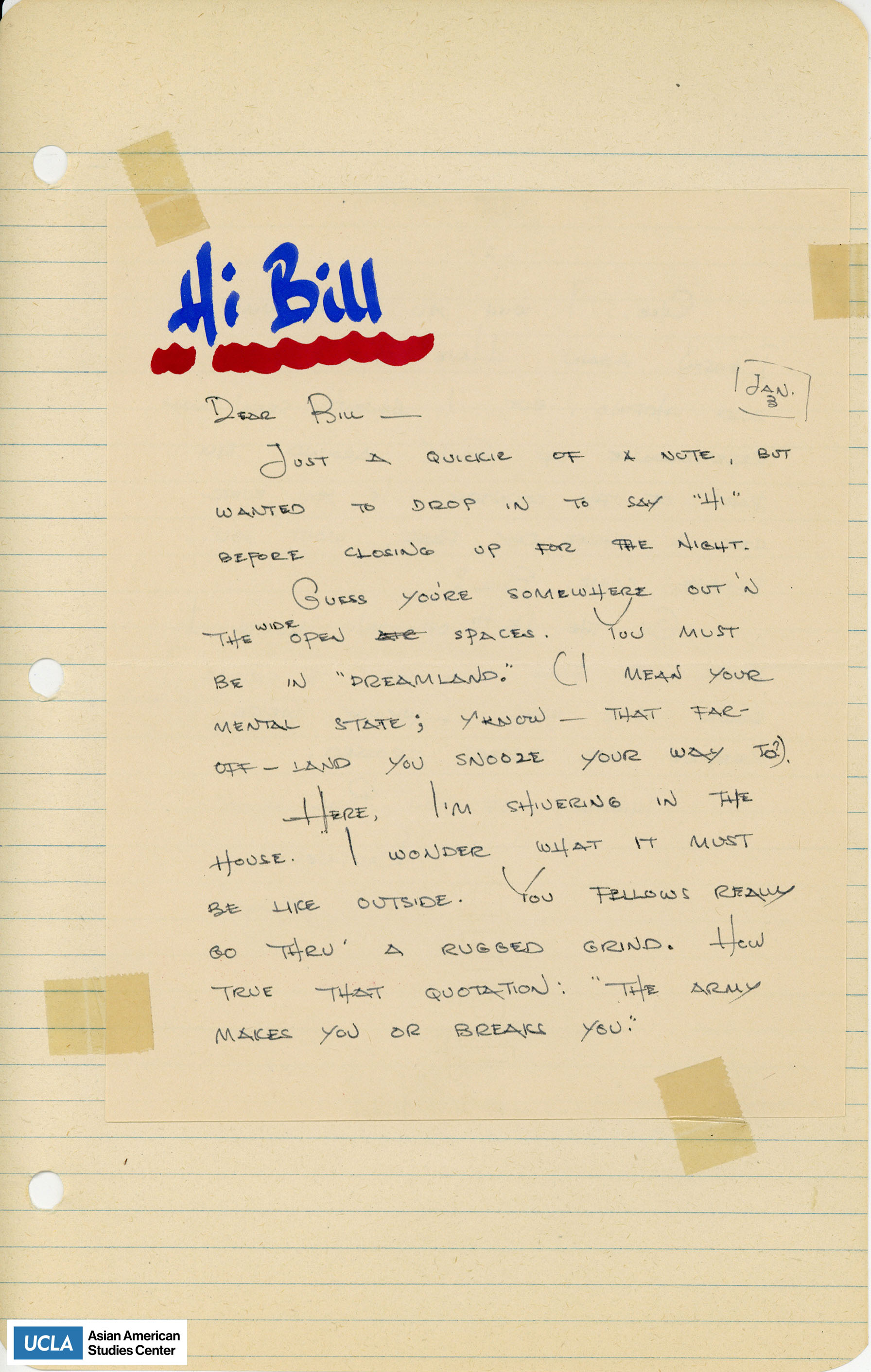 Yuri writes a quick note to Bill to say hi. She continues to write wondering where Bill is and that she is currently shivering inside the house.