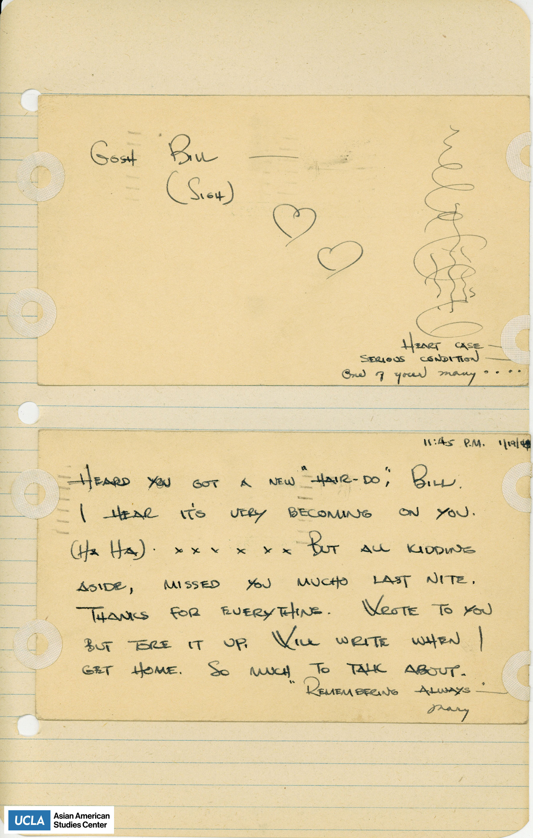 Yuri writes about Bill's new haircut and missing him last night. Yuri mentions she will start a new letter to Bill after she tore up a previous letter.