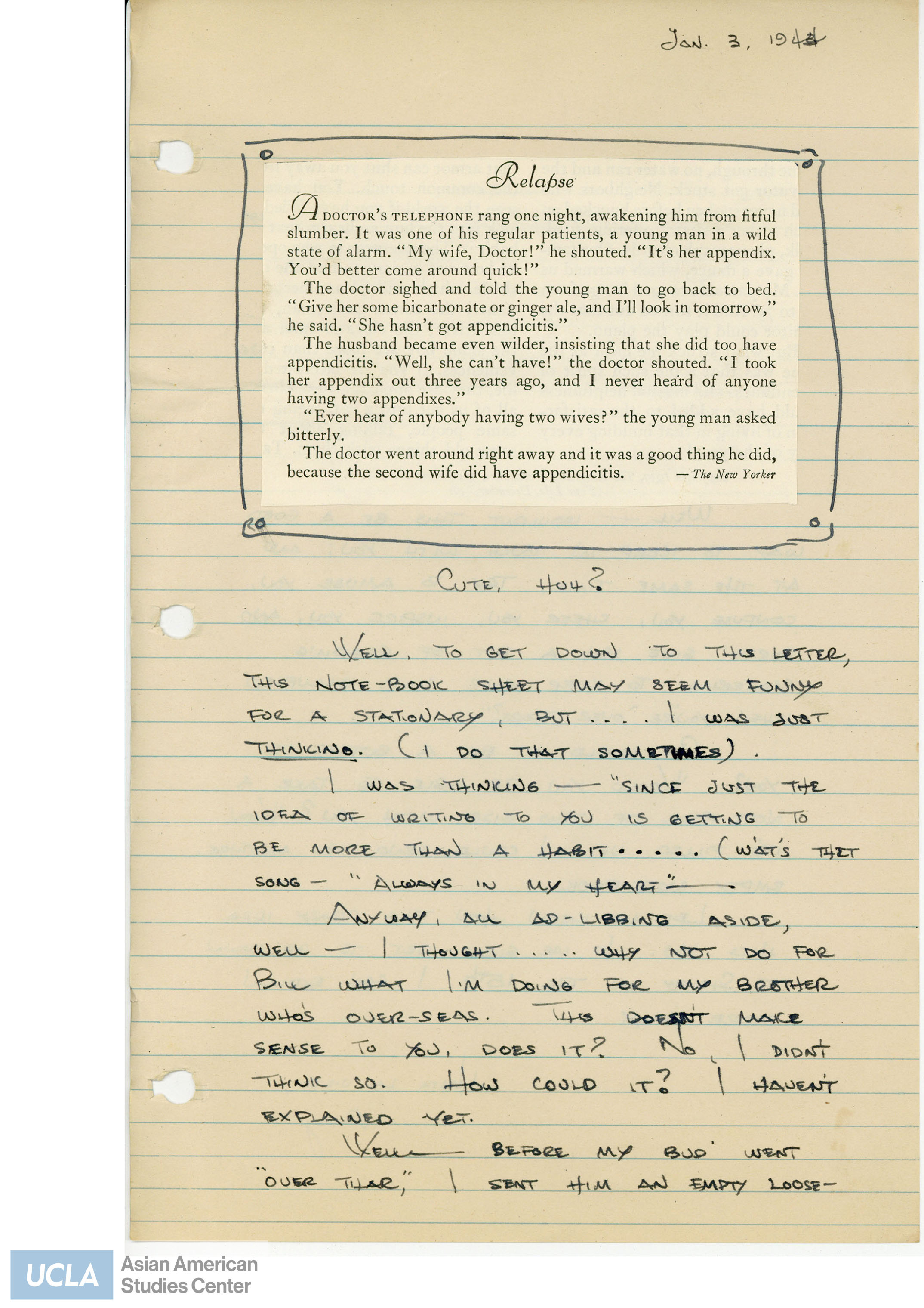 Letter possibly addressed to Pete during Pete's enlistment. Includes a newspaper clipping titled, 