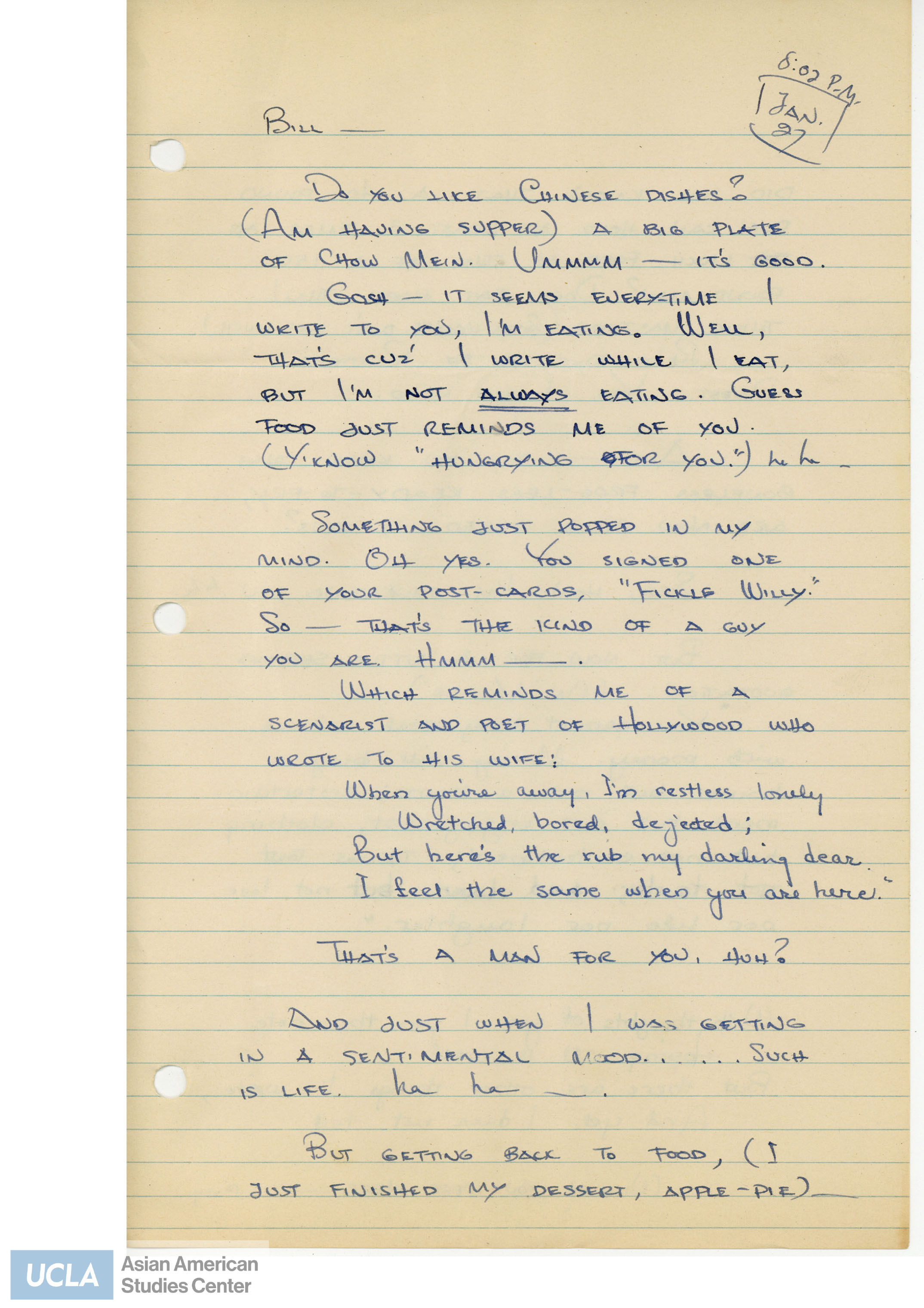 Yuri writes about seeming to always be eating while writing letters to Bill. She continues to write about Bill signing his name as 