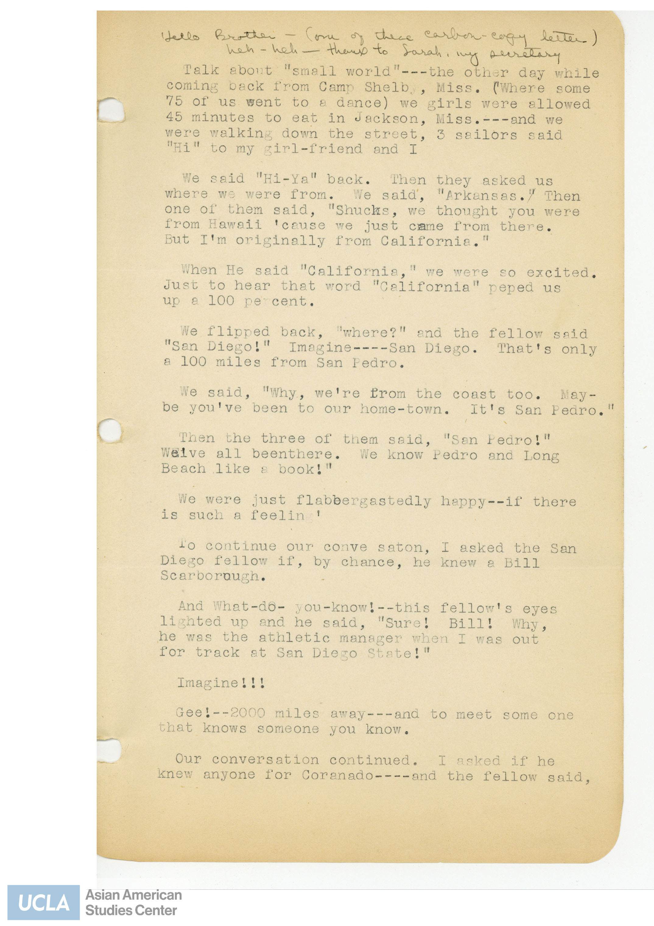 Letter regarding a conversation with three sailors while heading back to Camp Shelby.