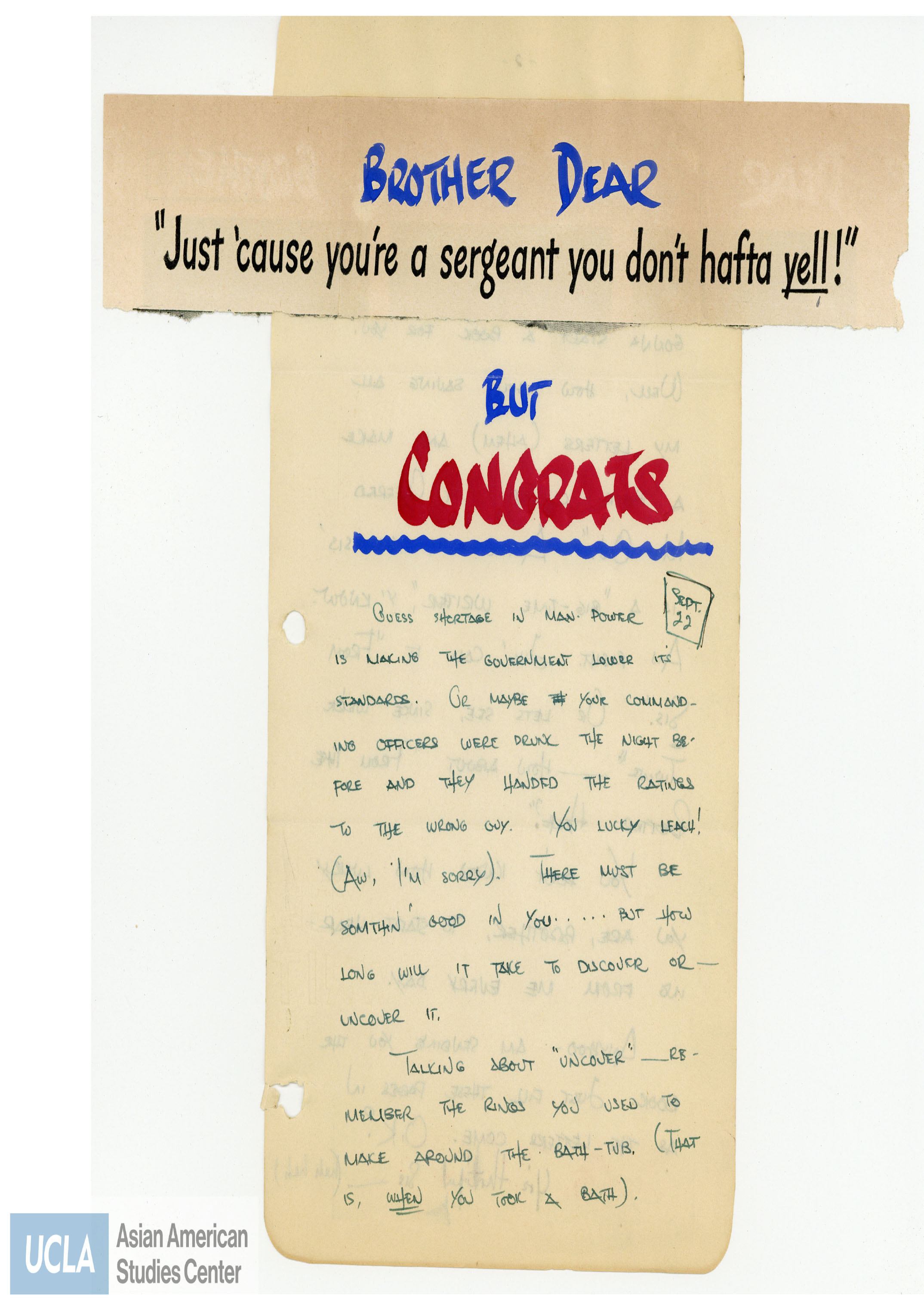 Yuri writes to congradulate Pete on raising to the ranks of sergeant. She reminds Pete to save all the letters between each other so a book can be created about Pete.