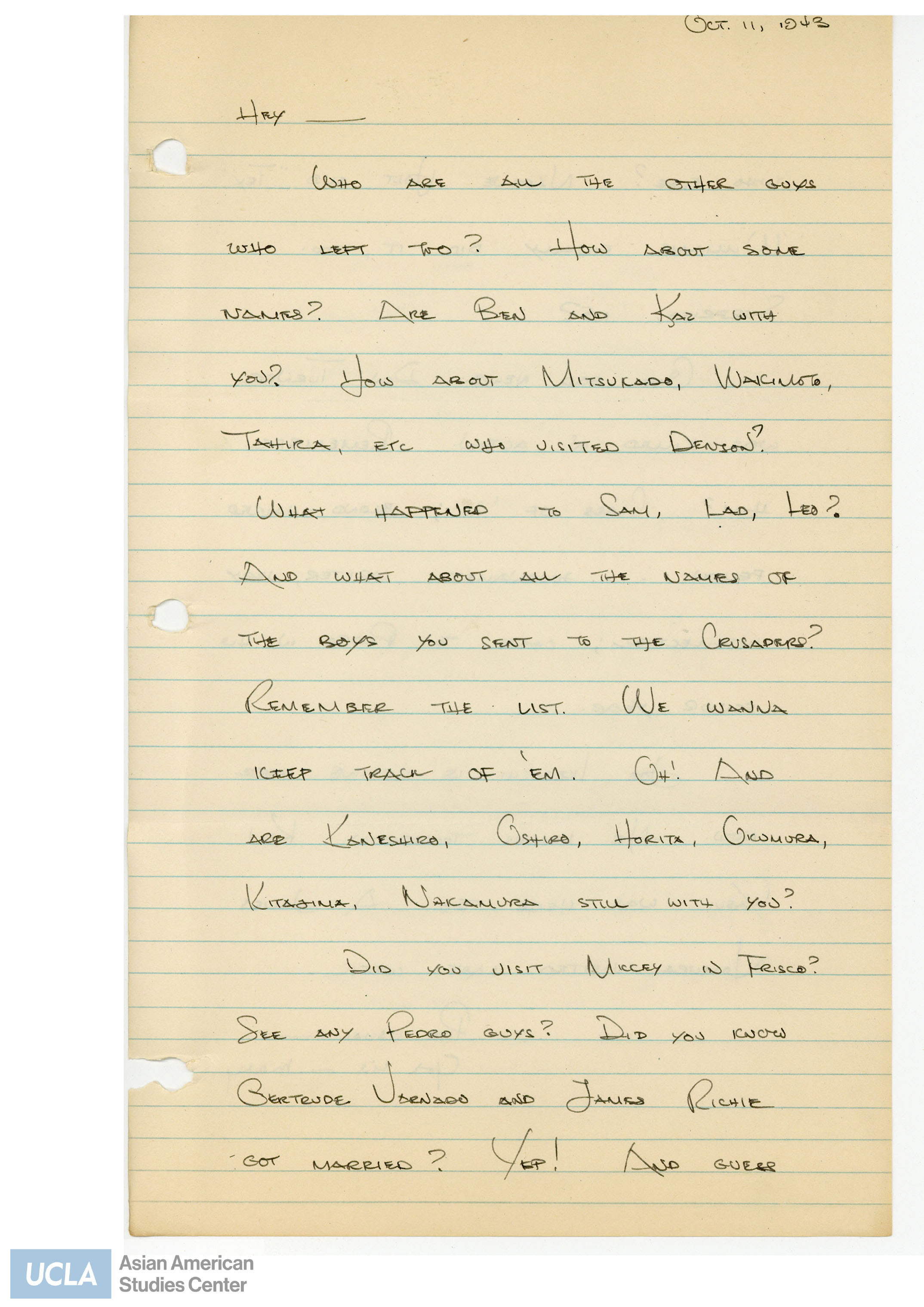 Yuri writes about keeping track of Nisei soliders for the Crusaders letter writing work. She includes some bad news about the Don Turner being killed in action.