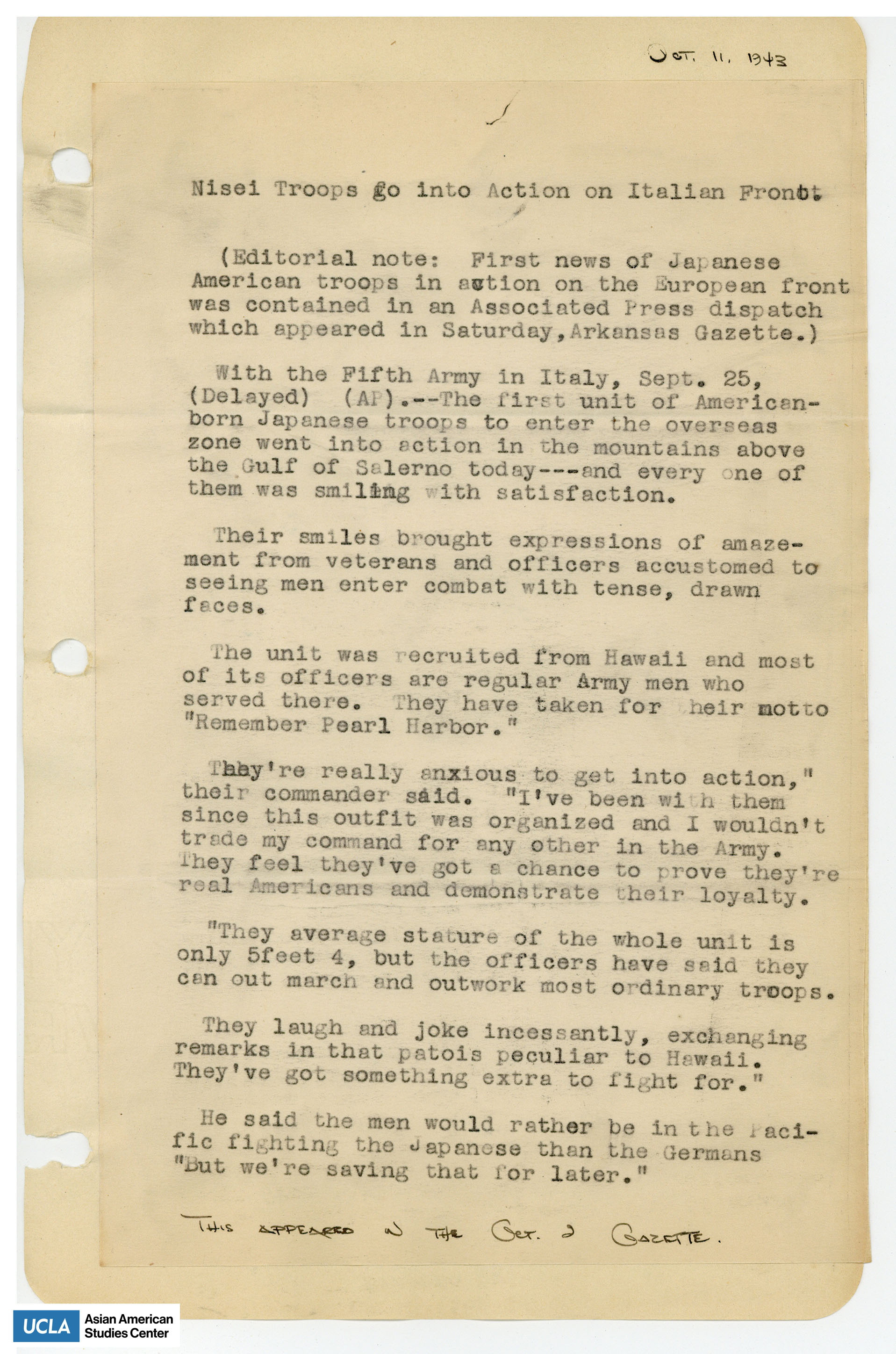 Typed excerpt from the Gazette newspaper titled, 