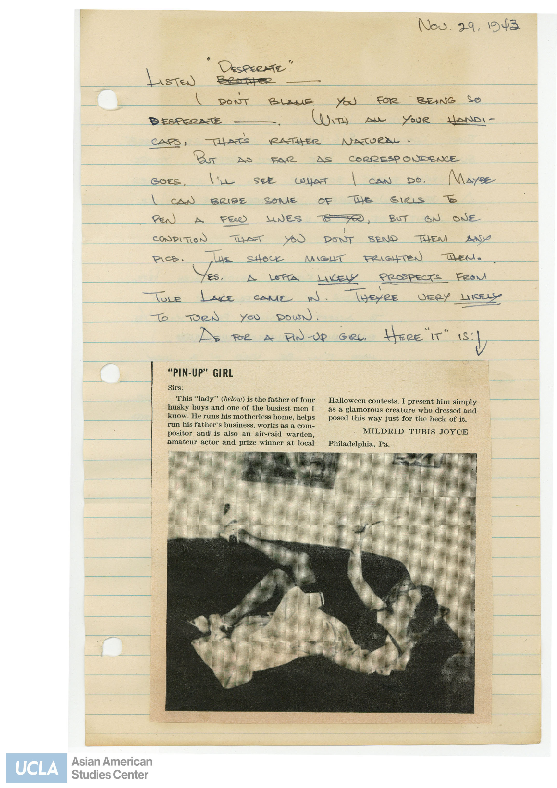 Letter regarding setting up pen pals for Pete. Includes newspaper clipping titled, 
