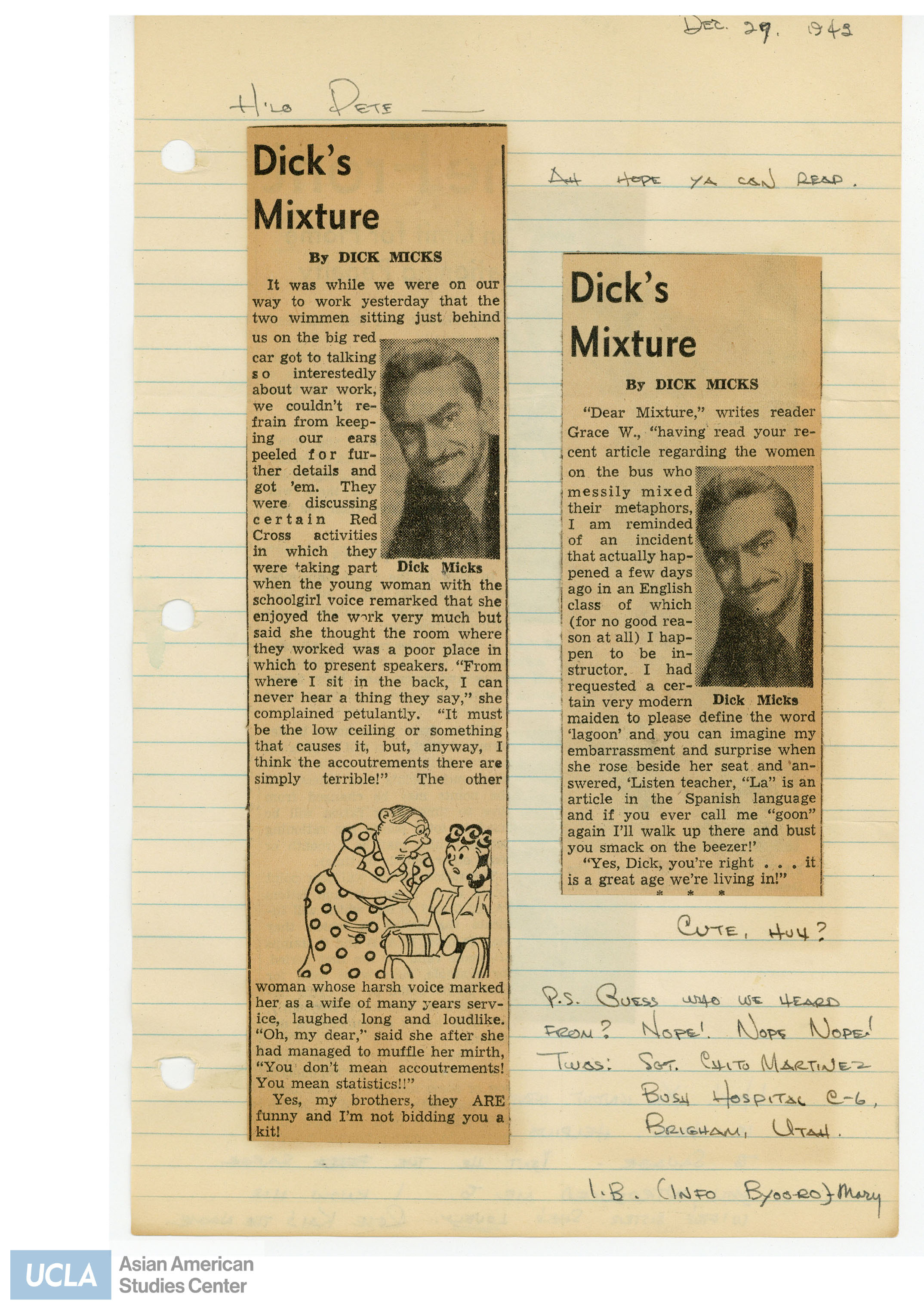 Newspaper clippings regarding Dick's Mixture. Includes a letter addressed to Pete.