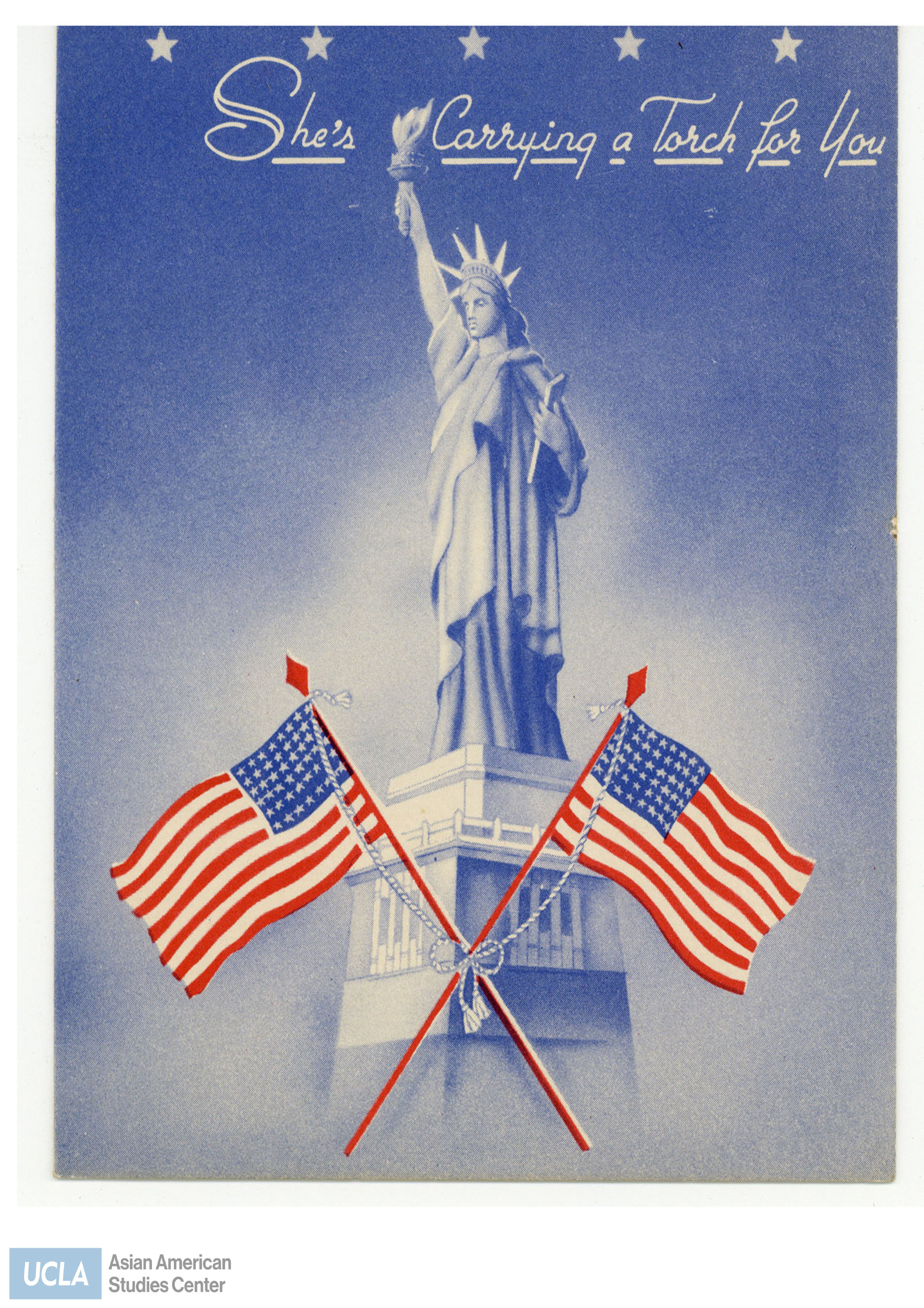 Card of the Statue of Liberty with two American flags. Cover of card reads: 