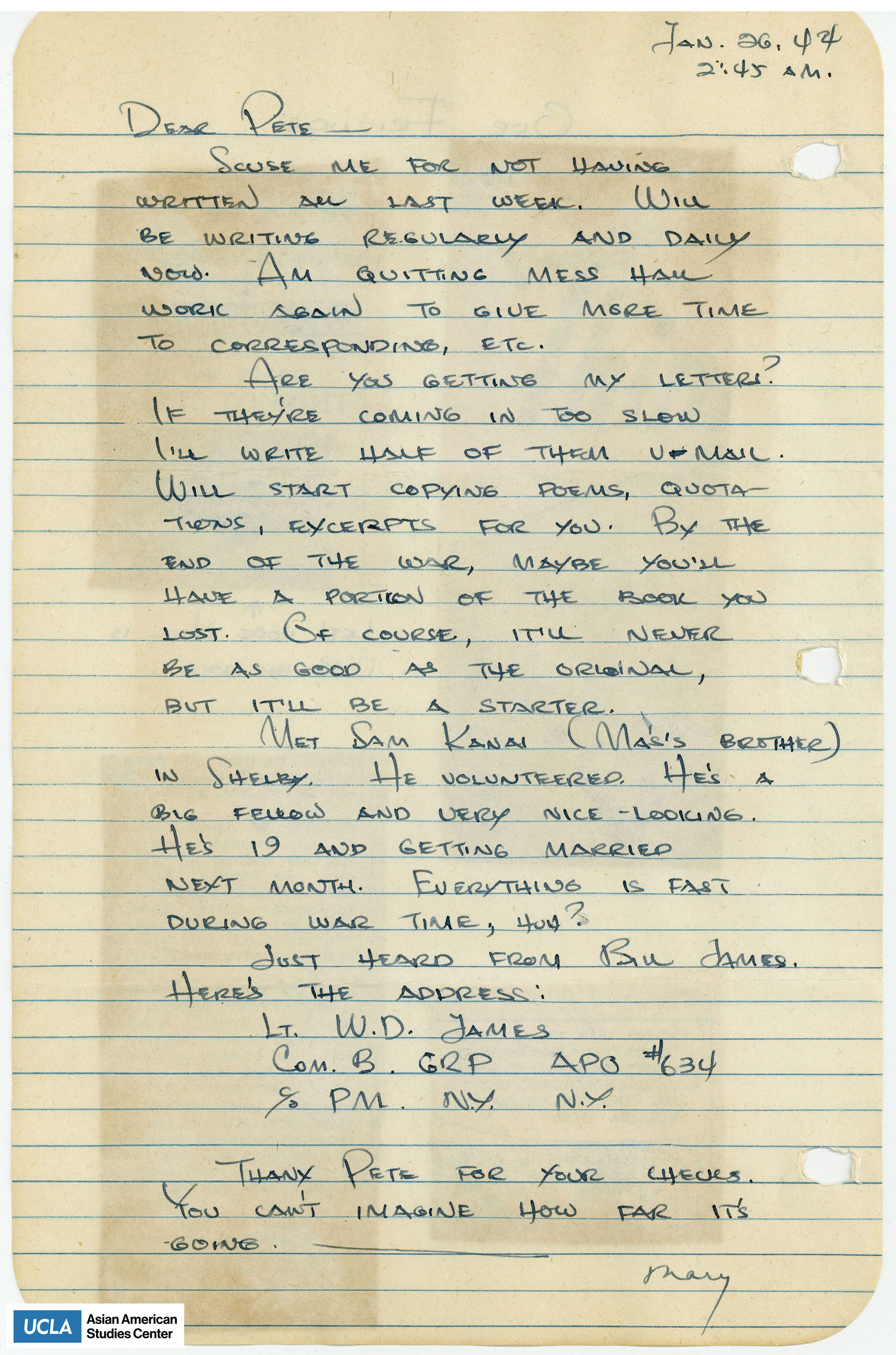 Yuri writes about quitting the mess hall work in order to have more time to write letters. She writes about meeting Sam Kanai in Camp Shelby.