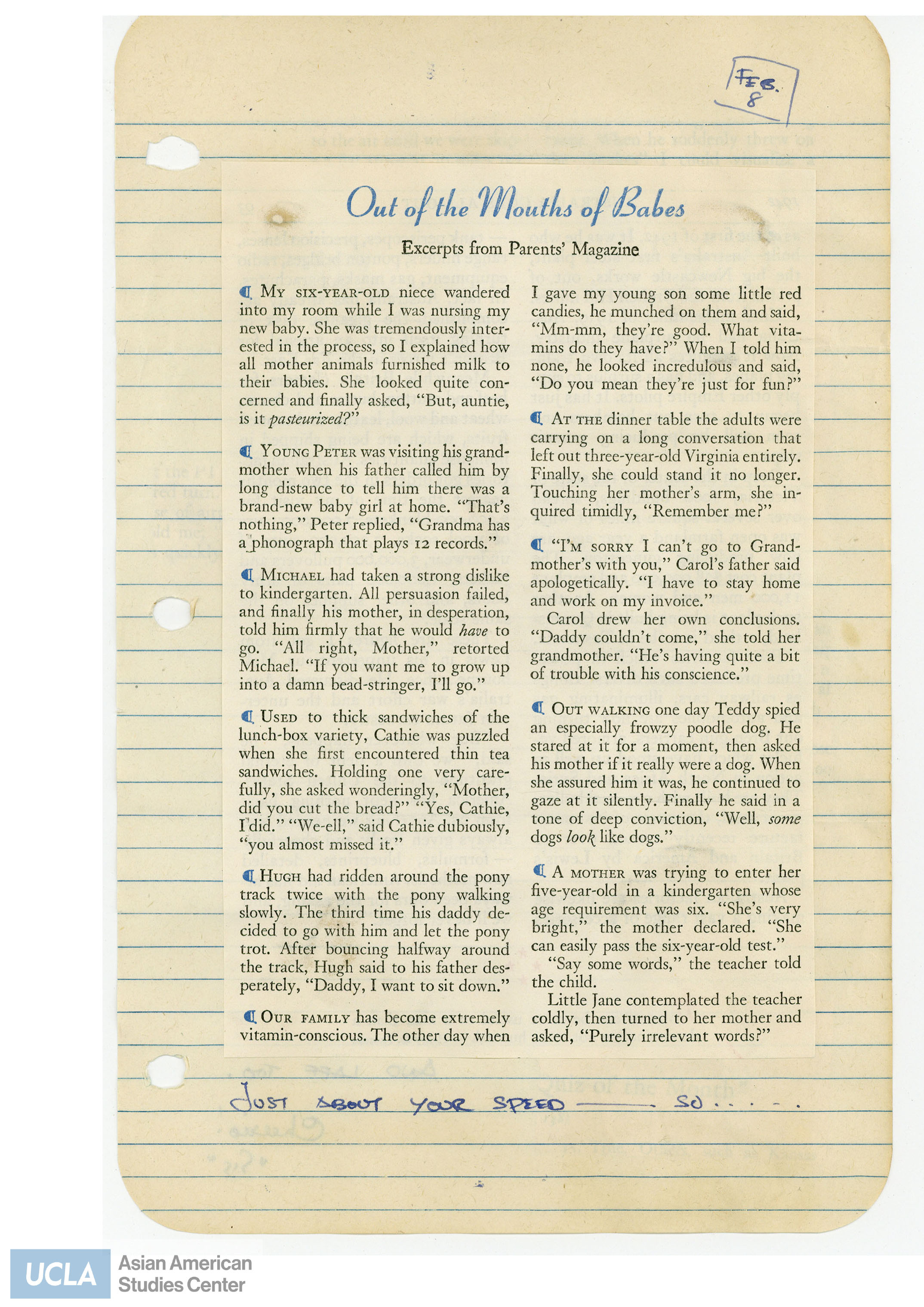 Newspaper clippings of various topics. Yuri writes of receiving Pete's check of $15.
