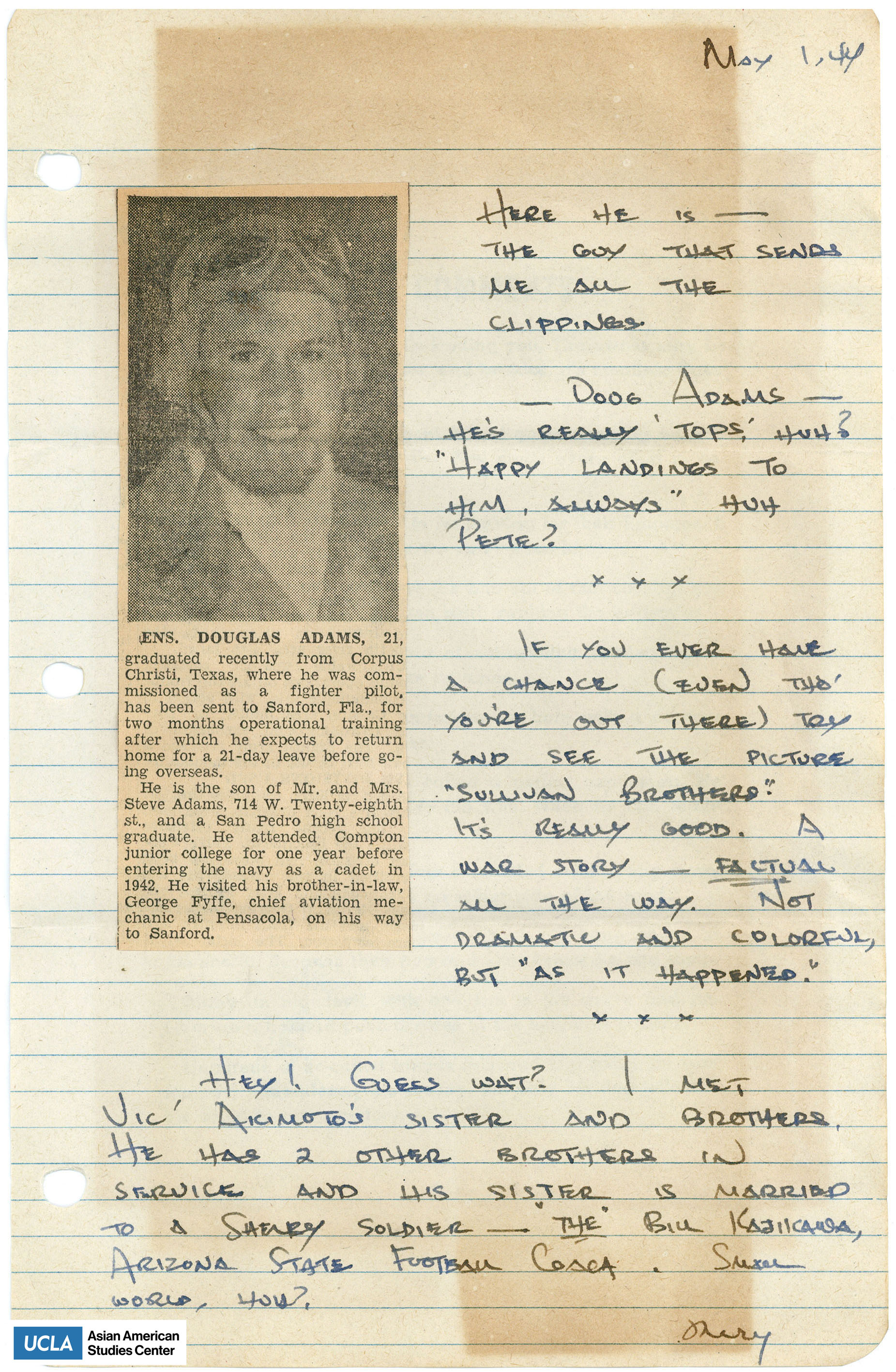 Letter regarding Doug Adams as the person sending newspaper clippings to Yuri. Includes a newspaper clipping of Doug Adams which is Yuri's San Pedro High School classmate.