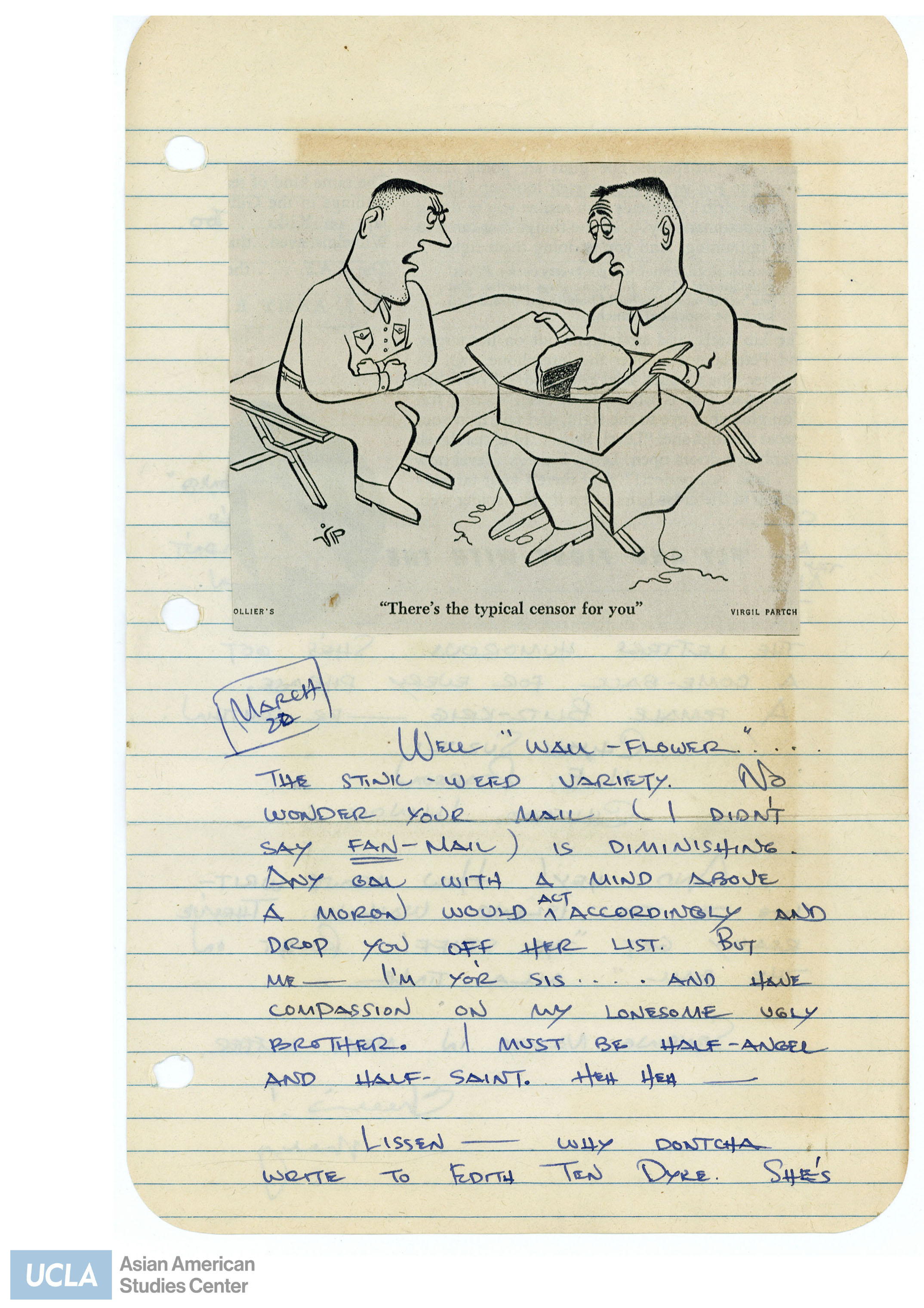 Yuri writes to Pete while he is enlisted in the army. Includes a newspaper clipping of comic with text: 