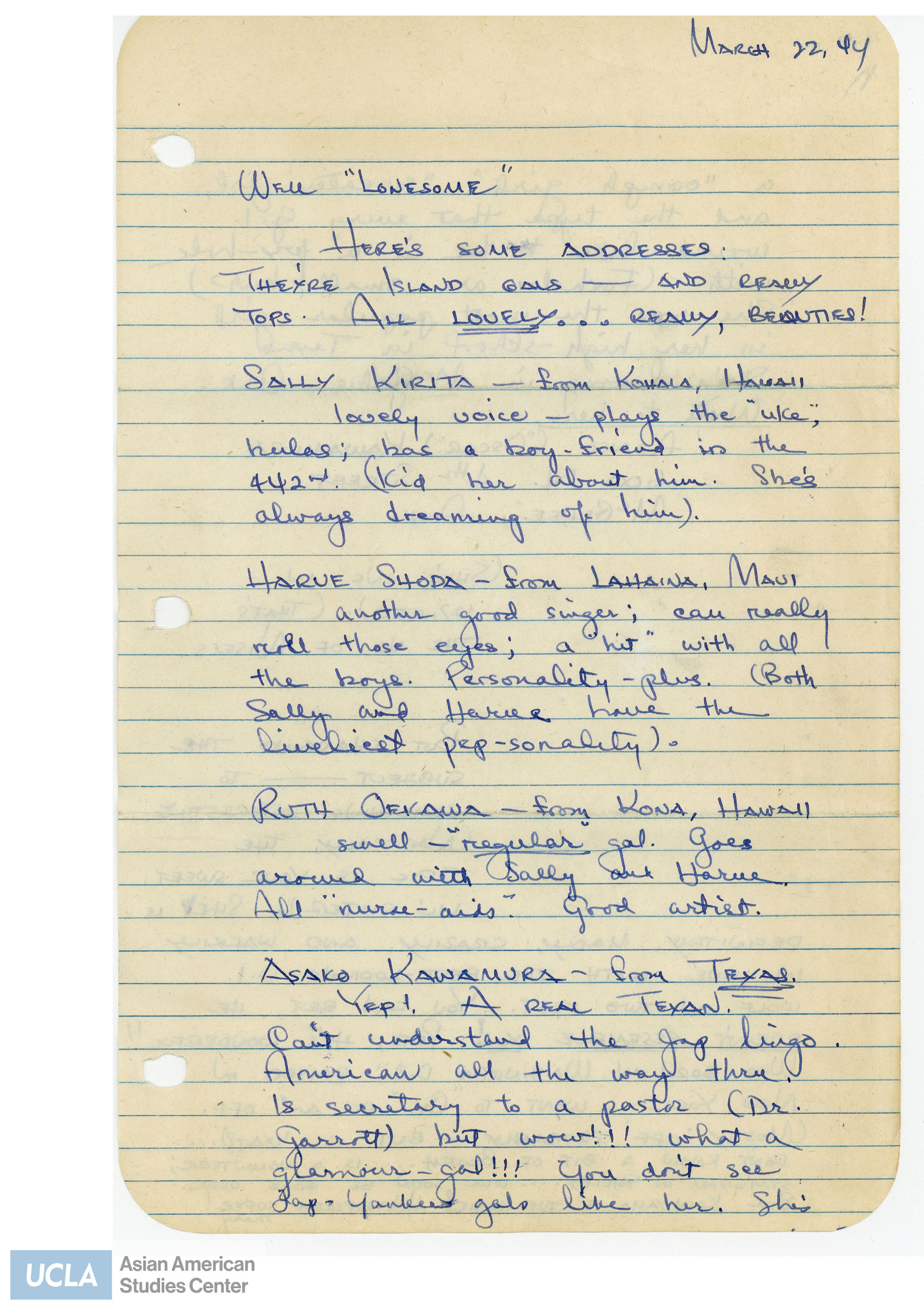 Yuri writes names of Nisei women to write letters to.