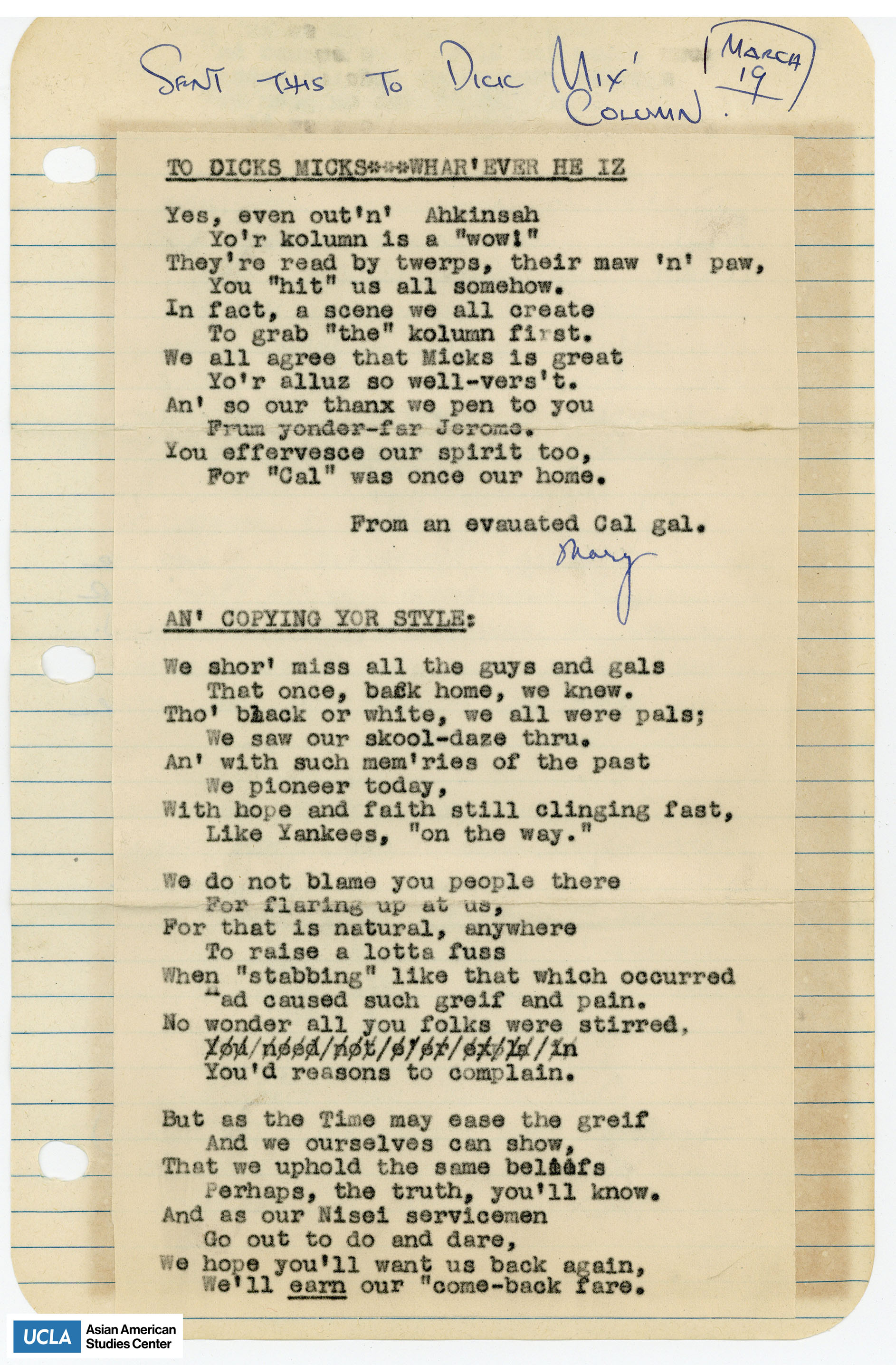 Clipping of a column in Dicks Micks written by Yuri. Dick's Mixture was a column in the San Pedro News Pilot Newspaper (1911-1950).