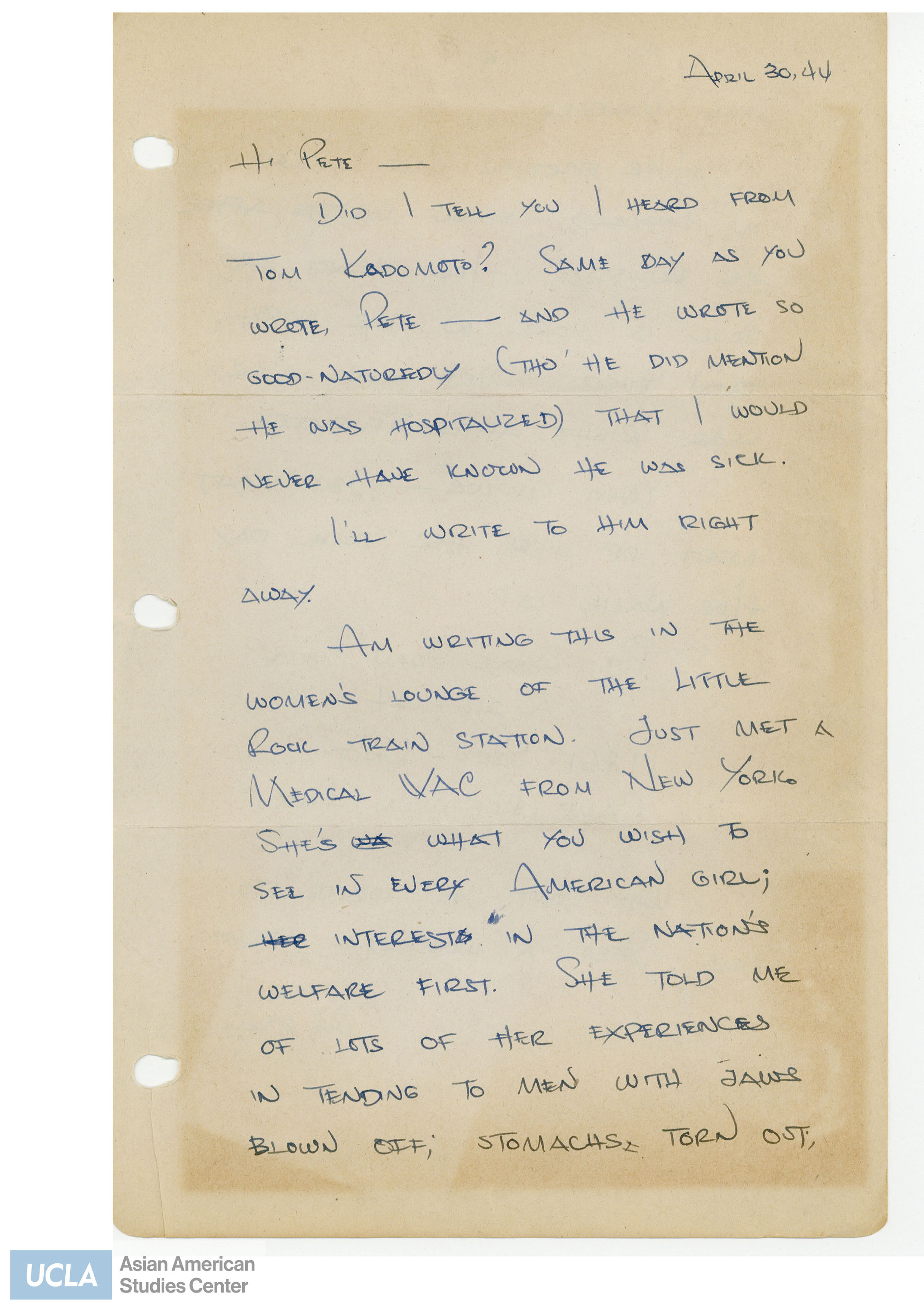 Yuri writes on receiving Tom Kodomoto's letter and that he is hospitalized. Yuri is writing the letter while in the women's lounge of the Little Rock Train Station.