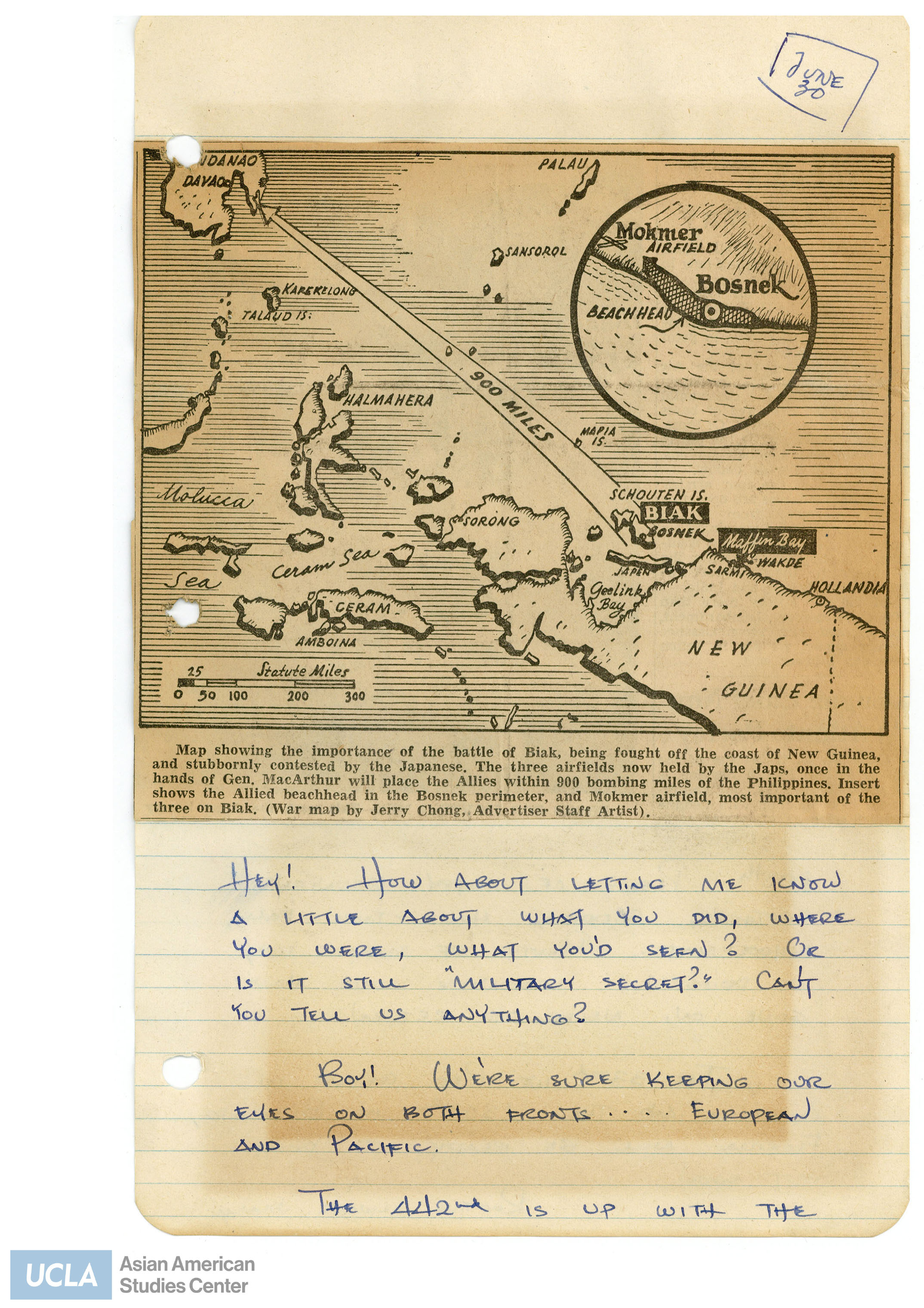 Yuri writes to Pete on whether he can divulge about his location and everyday life in the military. Includes newspaper clippings of a map of New Guinea.