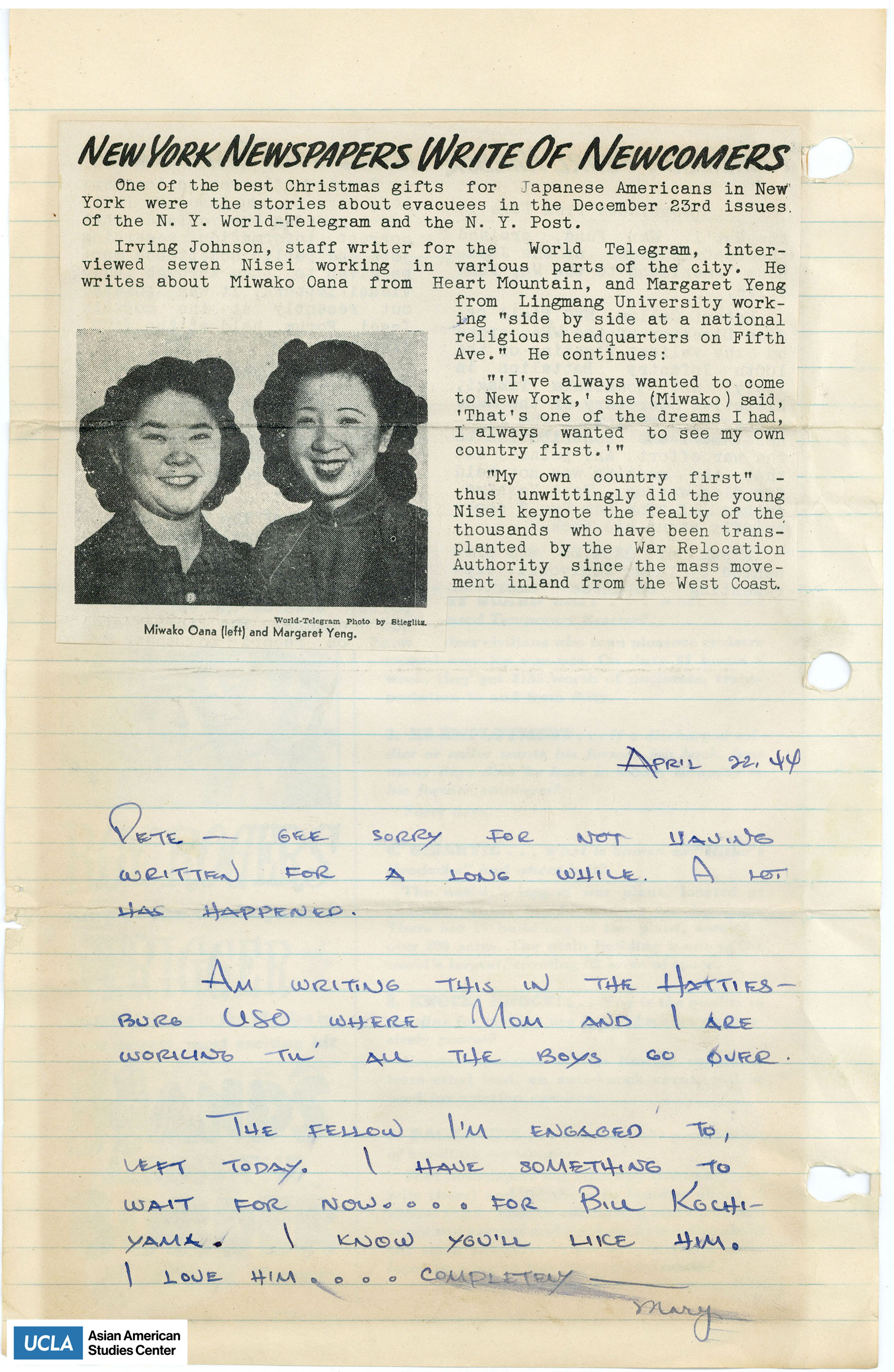 Yuri writes to Pete regarding staying at the Hattiesburg USO and her engagement to Bill Kochiyama. Includes newspaper clipping headlined: 