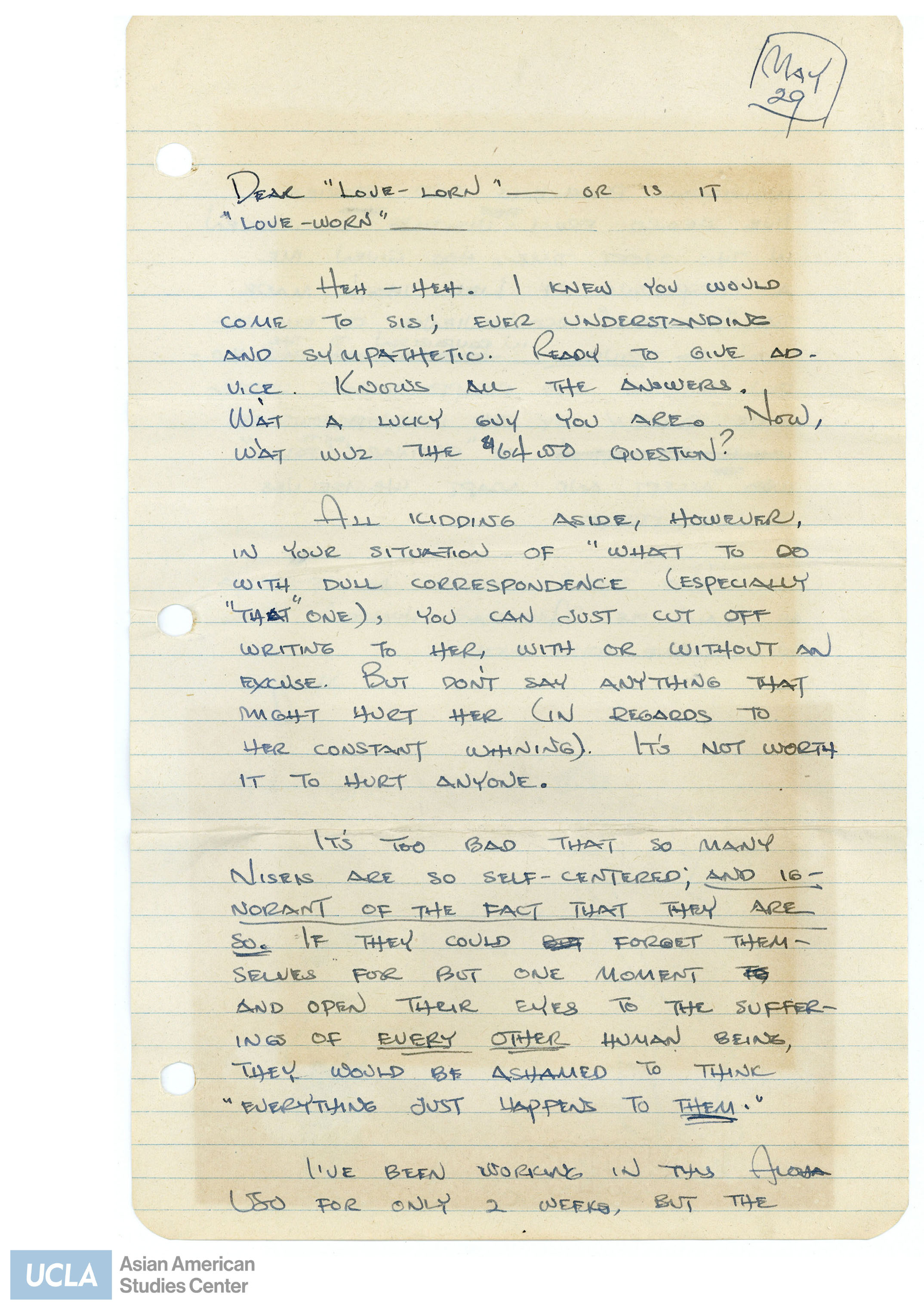 Letter regarding Pete's plan to stop writing to a girl.