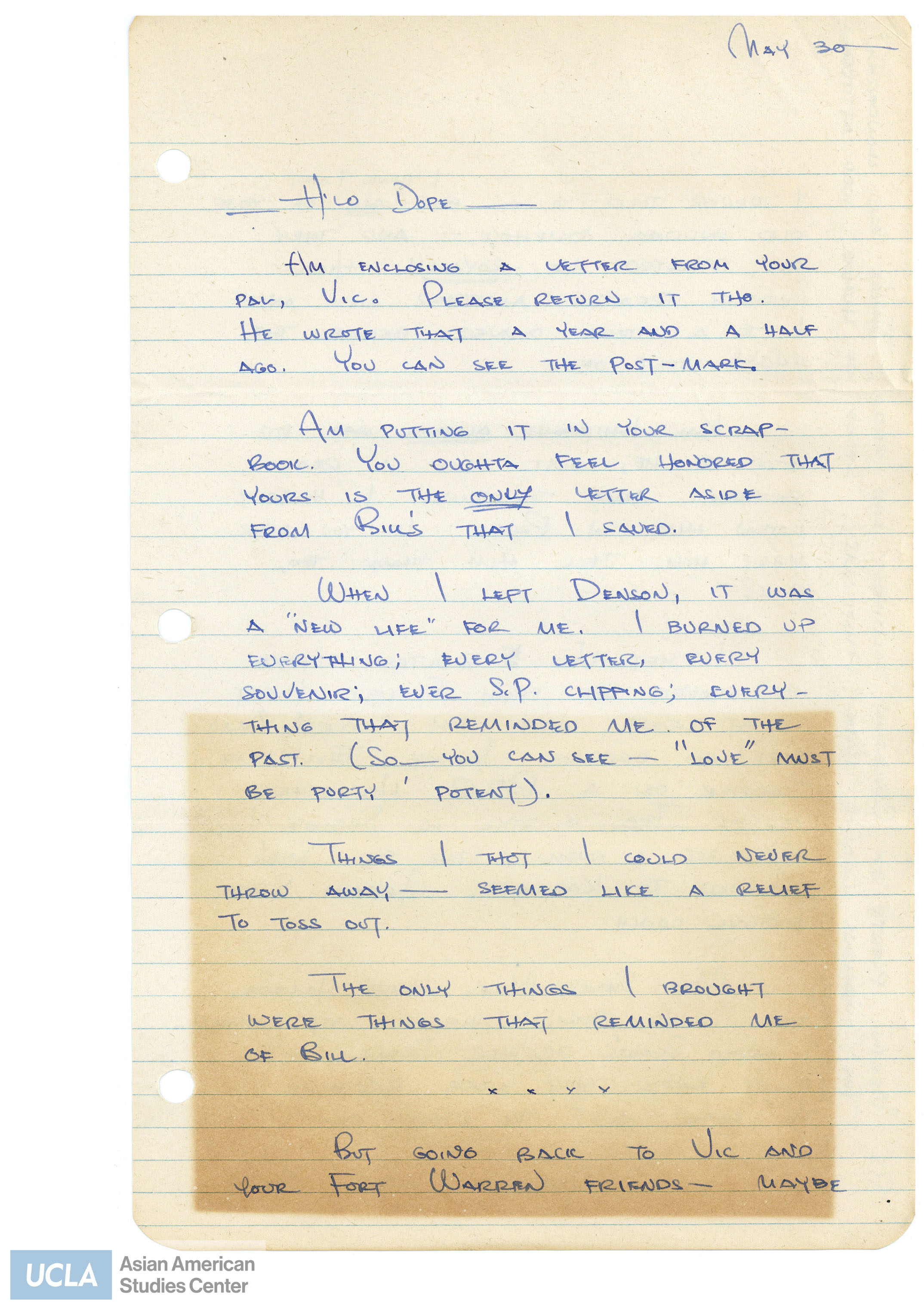 Yuri writes about leaving Camp Jerome in Denson, Arkansas and bringing items with she could not let go of while burning the rest. She continues to write about meeting other Nisei.