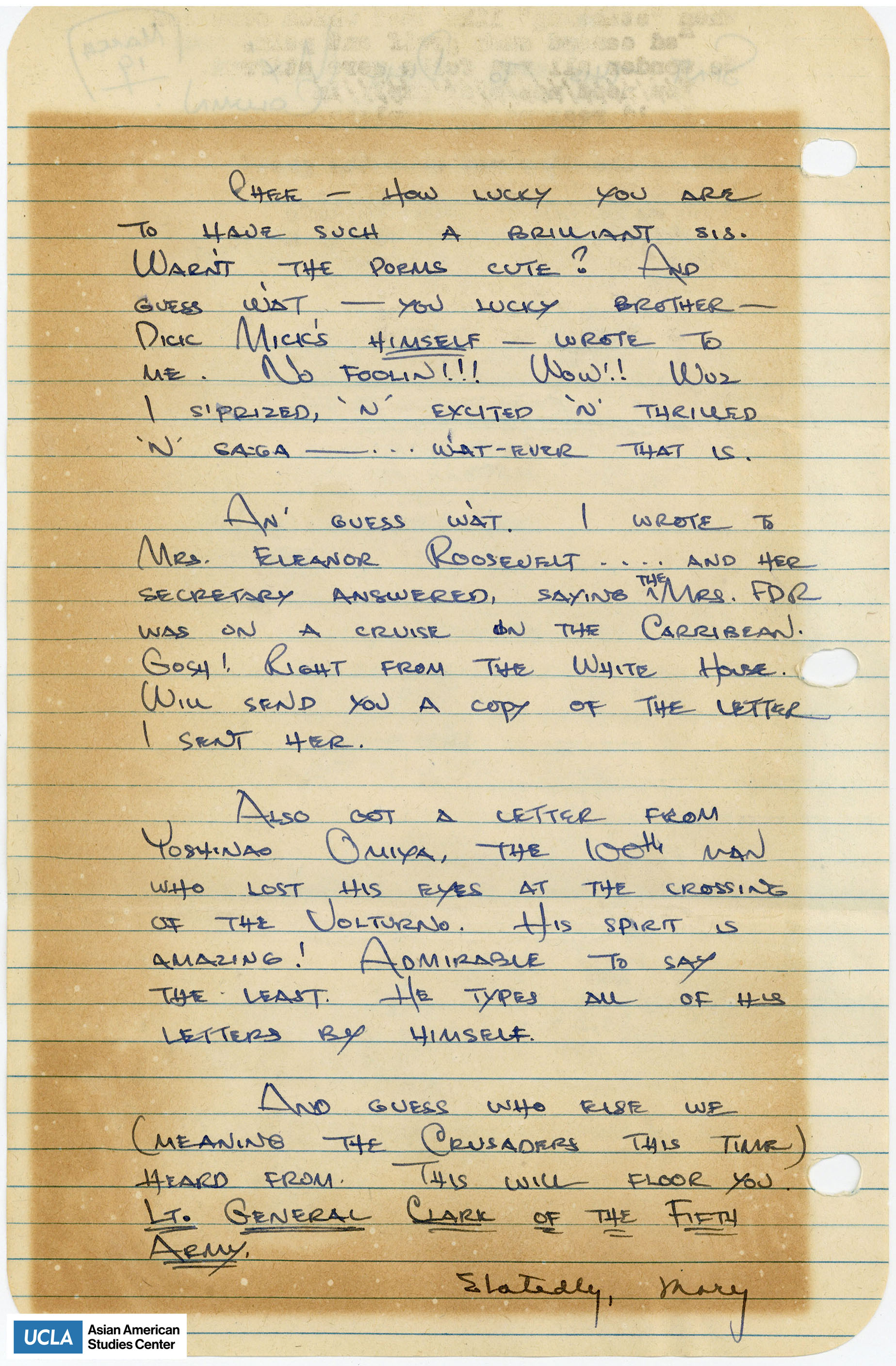Yuri writes about hearing back from Eleanor Roosevelt, Yoshinao Omiya, and Lt. General Clark of the Fifth Army.