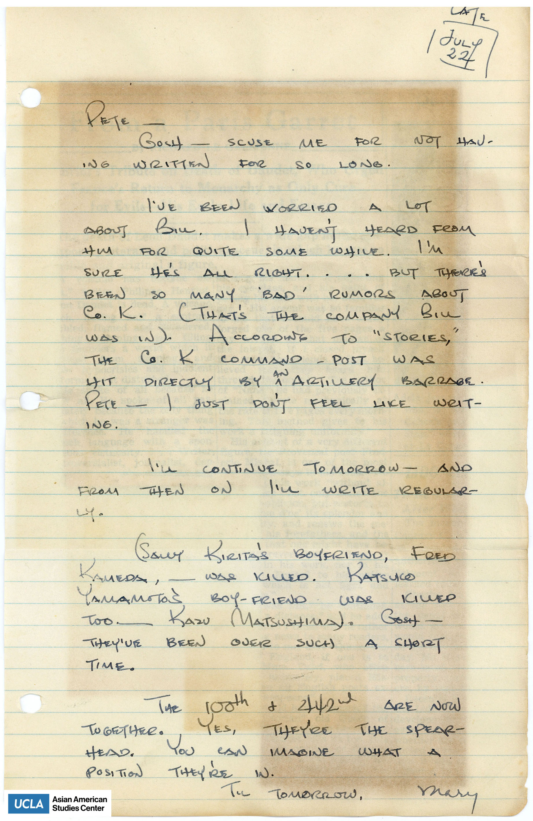 Yuri writes about being worried for not hearing from Bill. She has been hearing some rumors of Nisei servicemen being killed in action which has been contributing to that worry.