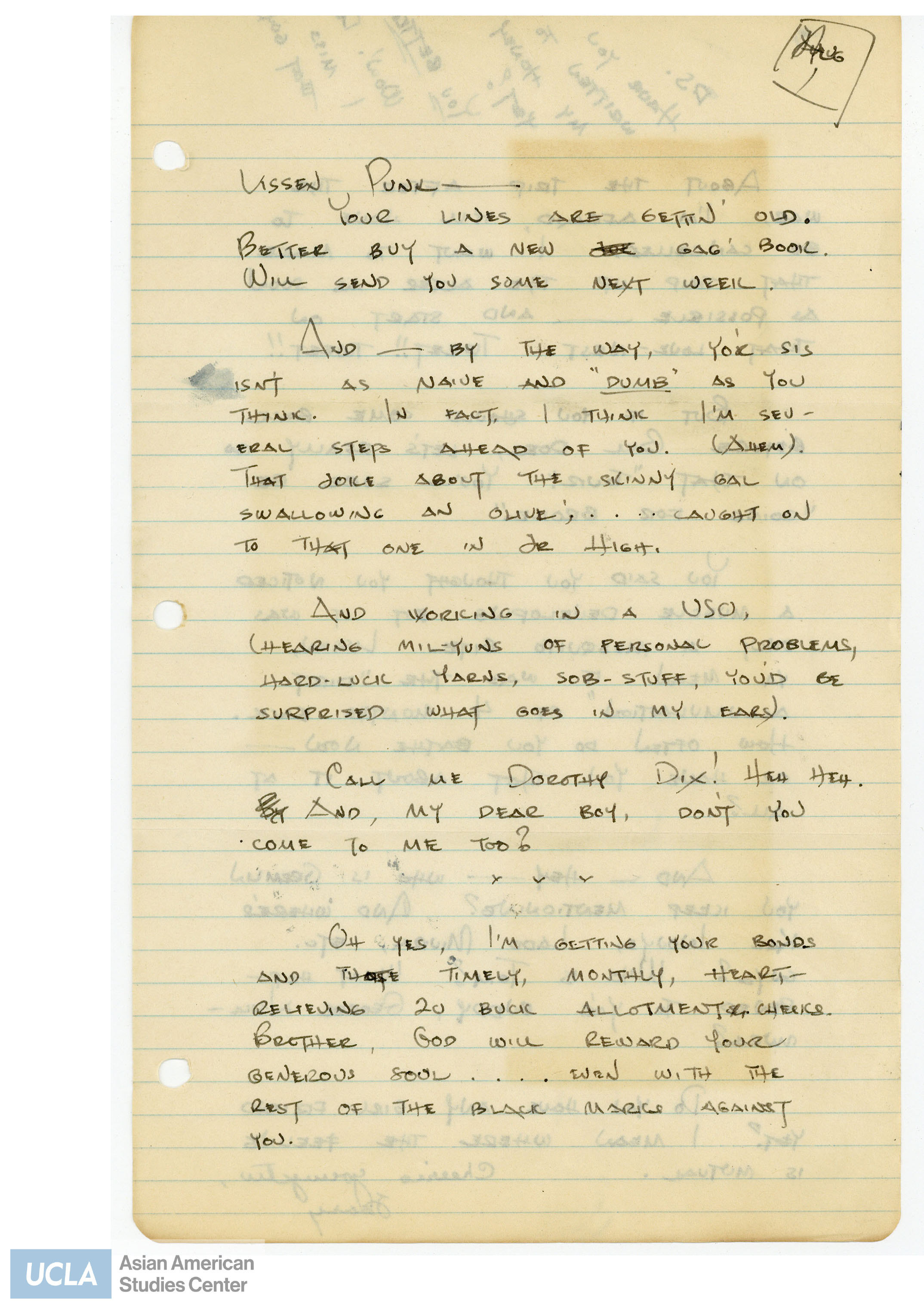 Yuri writes about hearing personal problems at Jerome USO and receiving Pete's monthly checks.